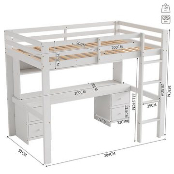 Flieks Hochbett Massivholz Kinderbett Etagenbett mit Tisch und Schubladen 90x200cm