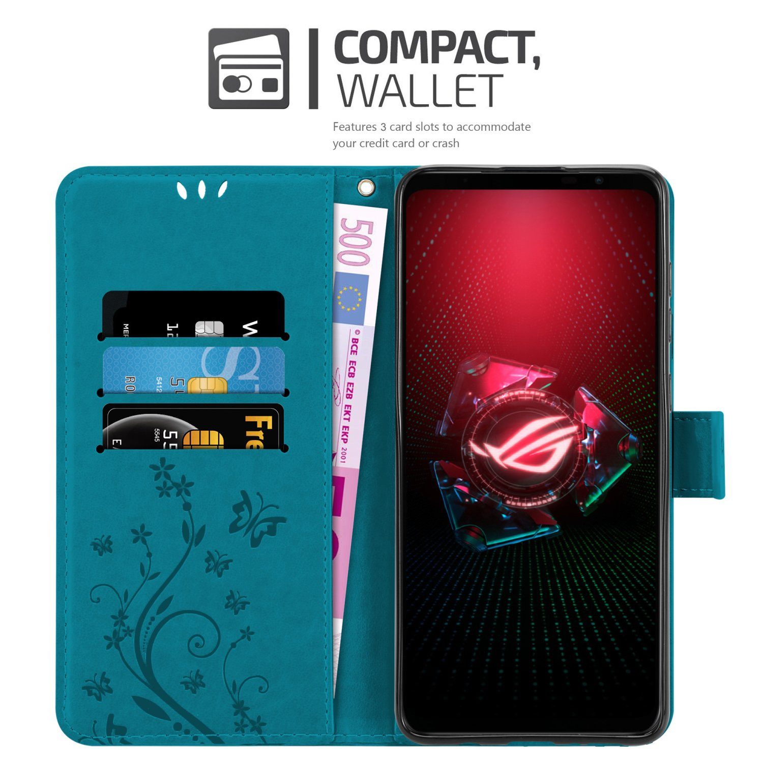 Cadorabo Handyhülle für Asus ROG Phone 5 Hülle Asus ROG Phone 5, Hülle Schutzhülle Blumen Flower mit Standfunktion Kartenfach Magnet