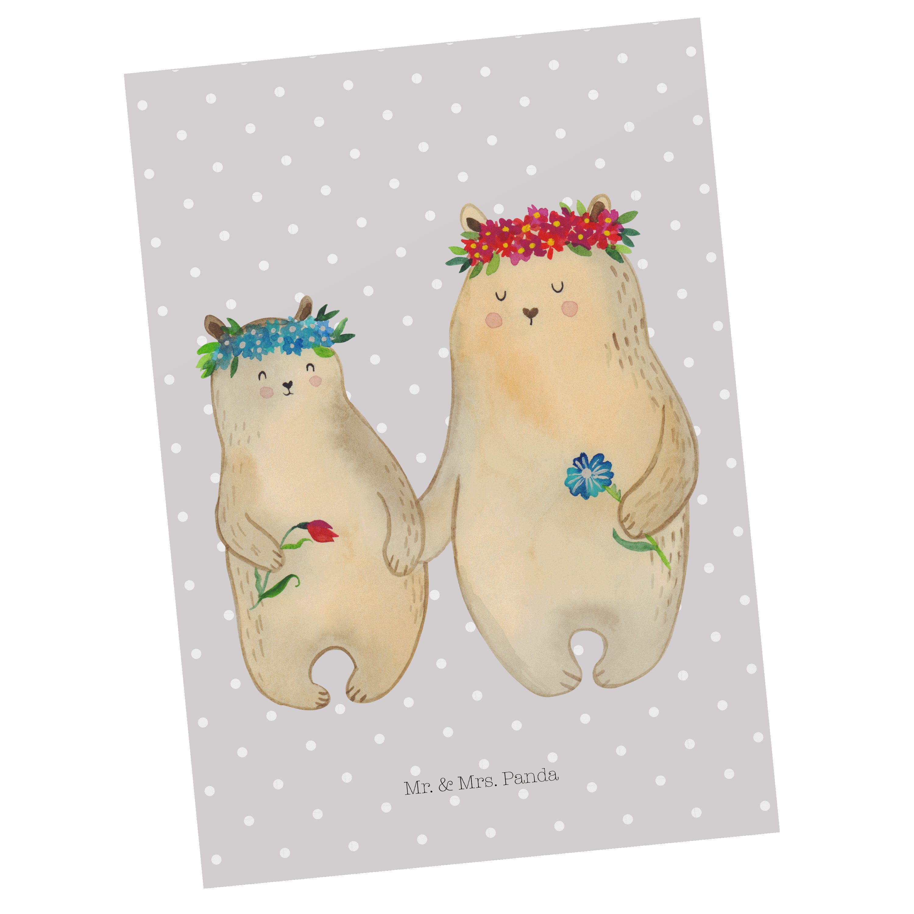 Mr. & Mrs. Panda Postkarte Bären mit Blumenkranz - Grau Pastell - Geschenk, Freundinnen, Geschen