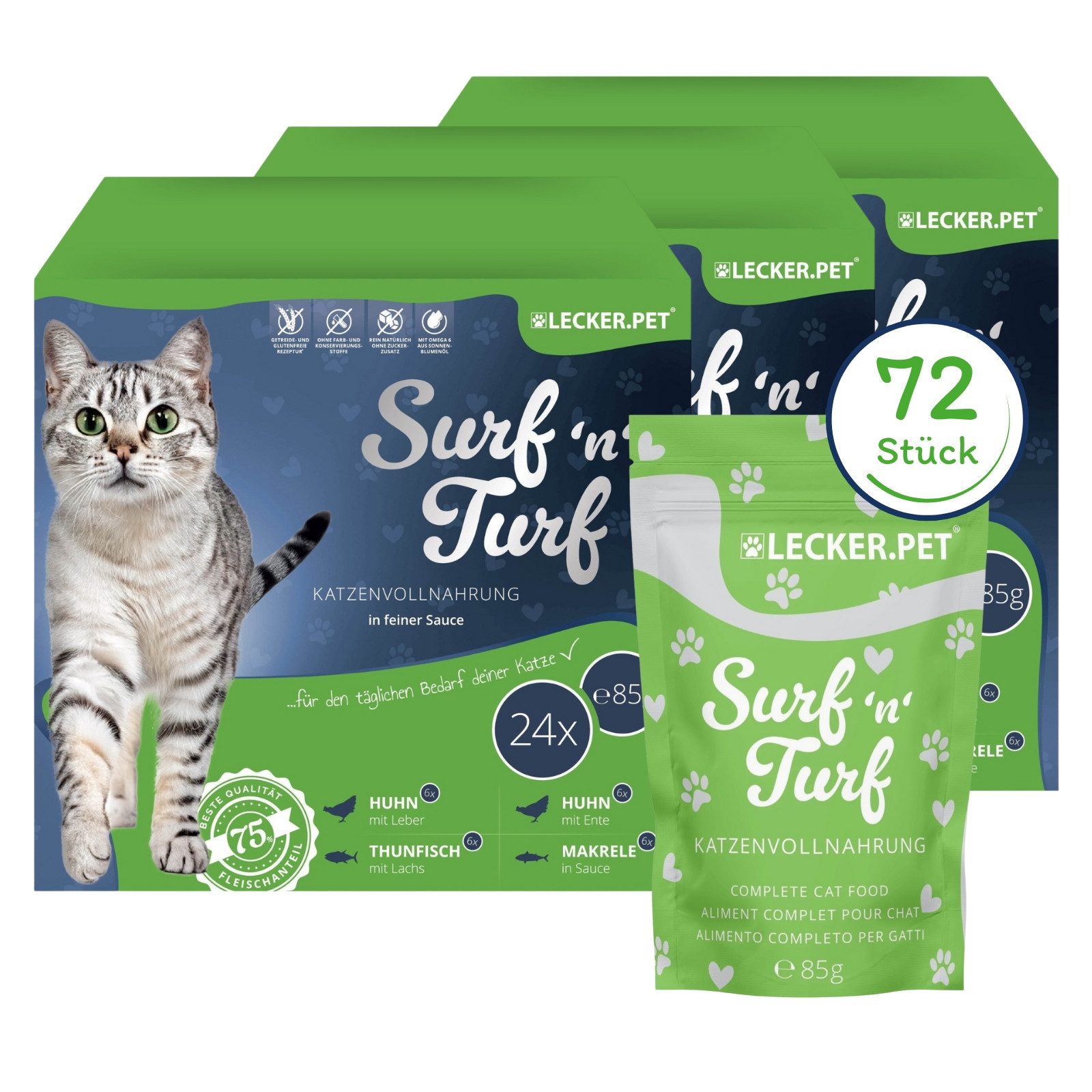 Lyra Pet 72 x 85 g Lecker.Pet® Surf'n'Turf Pouches Katzenfutter in feiner Sauce Fisch, 24St.