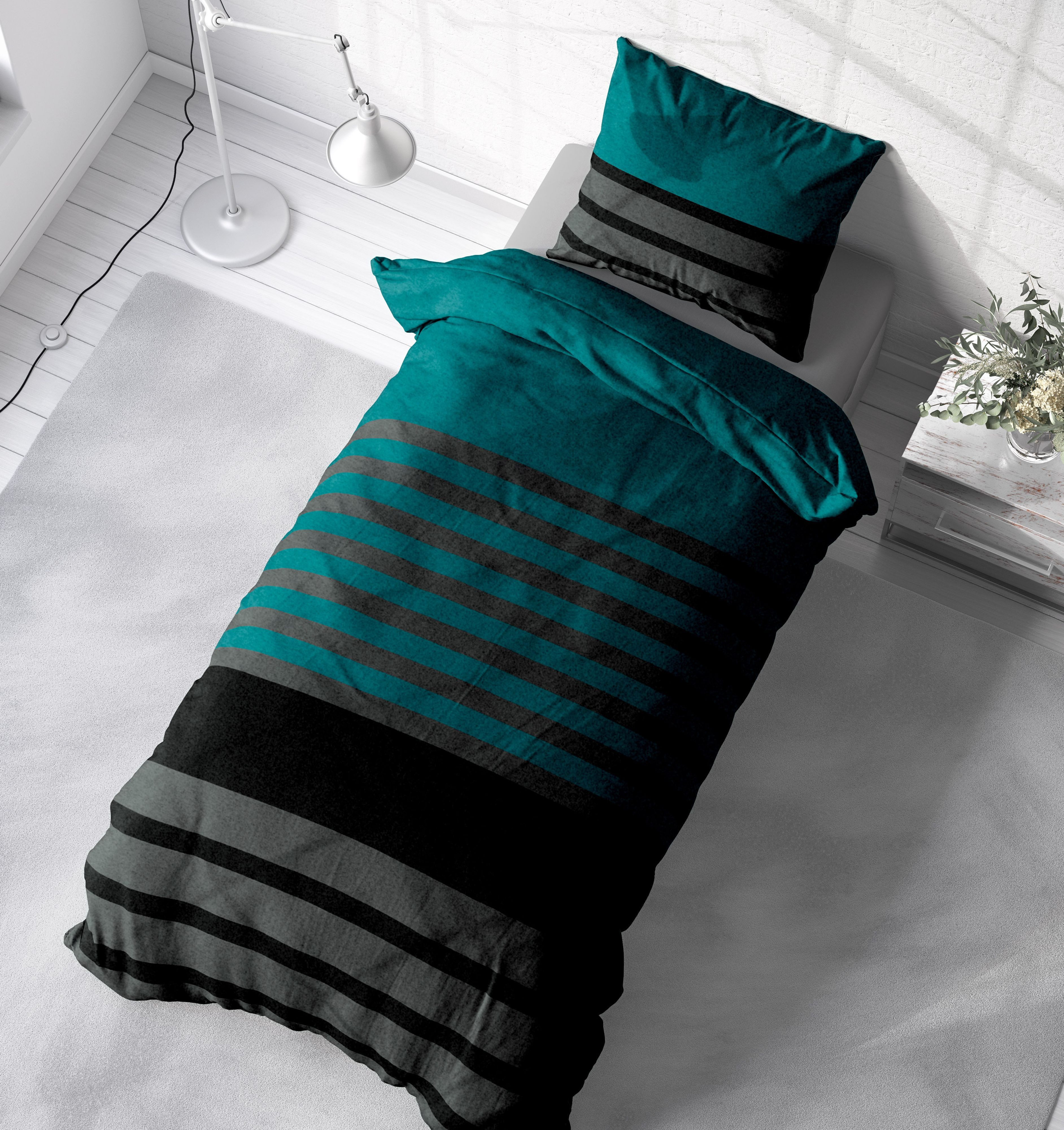 One Home Bettwäsche Winter Thermofleece, Fleece, 4 teilig, Streifen Gestreift, kuschelig flauschig warm weich Modern – Bild 4 von 5