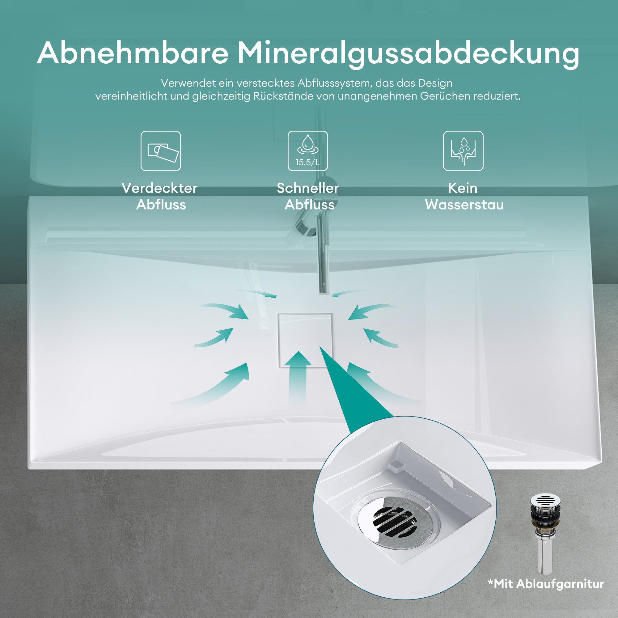 Mai & Mai Waschbecken Col810 Hänge-Waschtisch Mineralguss 1 Armaturenloch recht-eckig – Bild 4 von 5