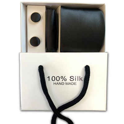 elbedruck Krawatte Krawatte mit Einstecktuch Set aus 100% Seide in schwarz und Manschettenknöpfe