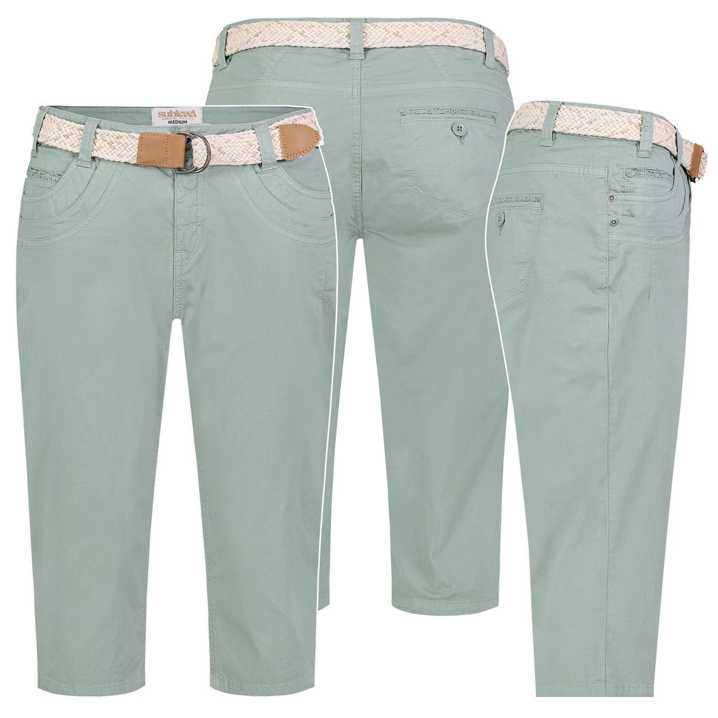 SUBLEVEL Bermudas Damen Short Bermuda 3/4 Hose Sommer Chino Stoff Hose mit Gürtel Capri – Bild 2 von 5