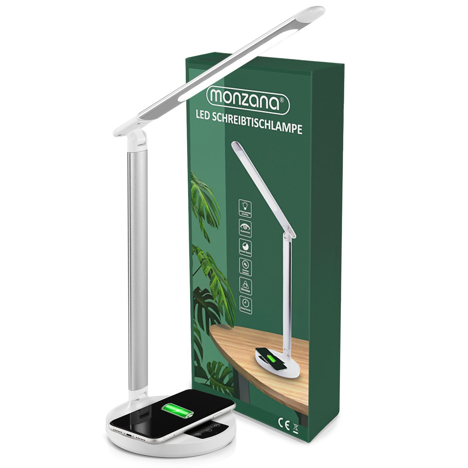 monzana Schreibtischlampe, Schreibtischlampe, kabelloses Laden QI dimmbar Touch Timer 5 Farb- & Helligkeitsstufen