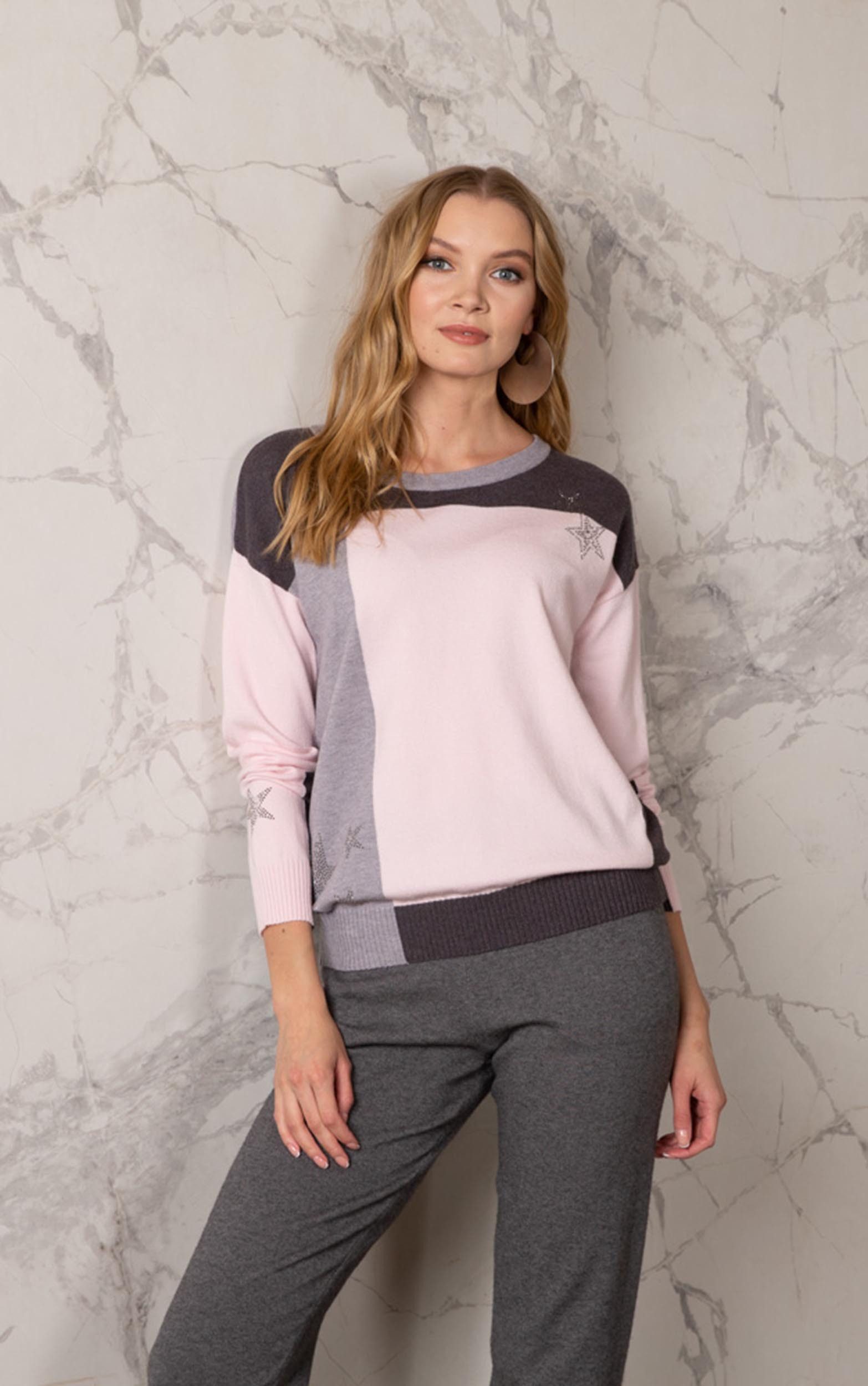 Passioni Strickpullover im Color Block-Design mit Strassdetails günstig online kaufen