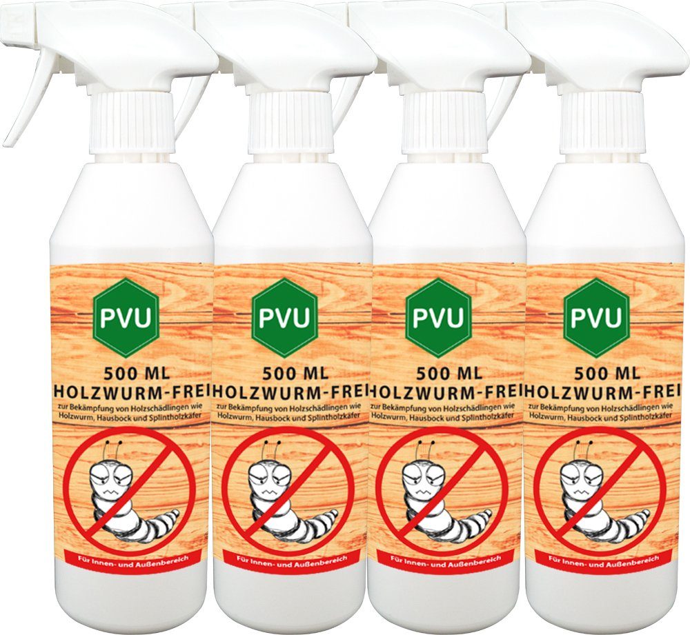 Holzschädlinge, geruchsarm Holzwurm-Ex Deutschland, Holzwurm-Spray formuliert PVU in 4x500ml farblos, gegen