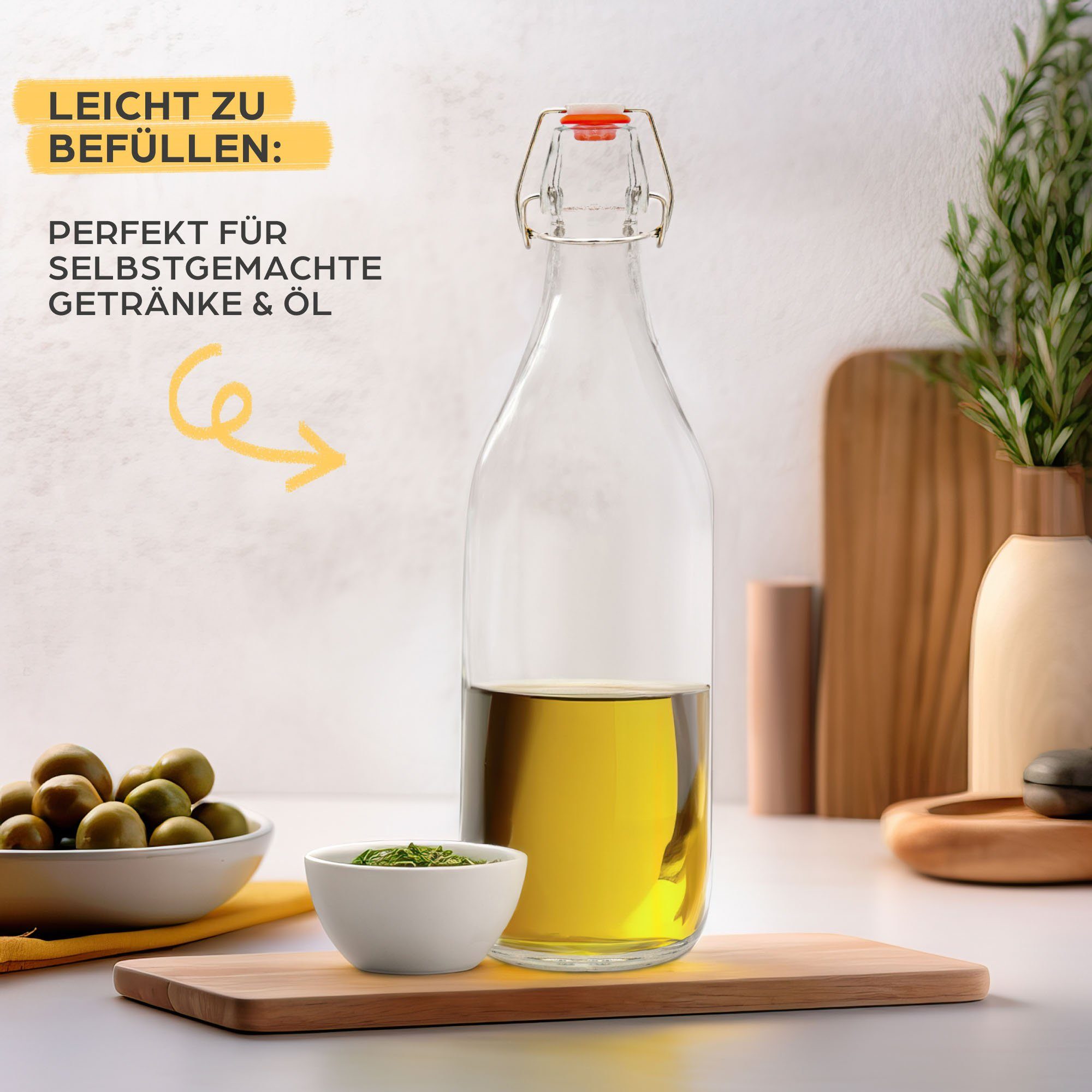 Praknu Trinkflasche 6 Glasflaschen mit Bügelverschluss 1000ml - 6 Extra Dichtungen, Öl Flasche 1L, Saftflasche, Flaschen Aufbewahrung, Likörflaschen