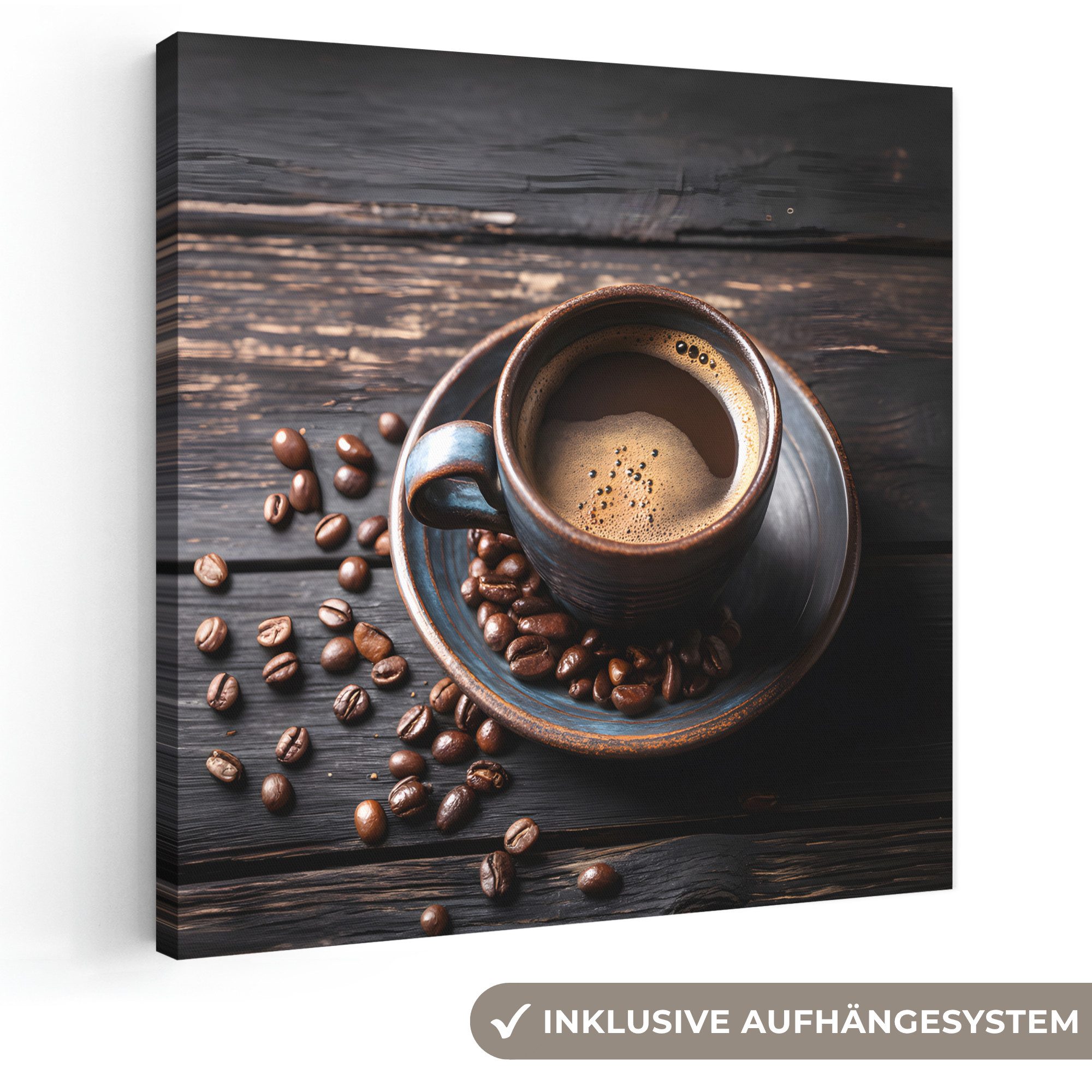 OneMillionCanvasses® Leinwandbild Tasse - Kaffee - Holz - Bohnen, Fotodruck (1 St), Wandbilder für Esszimmer, Wanddeko Bilder Küche, 20x20 cm