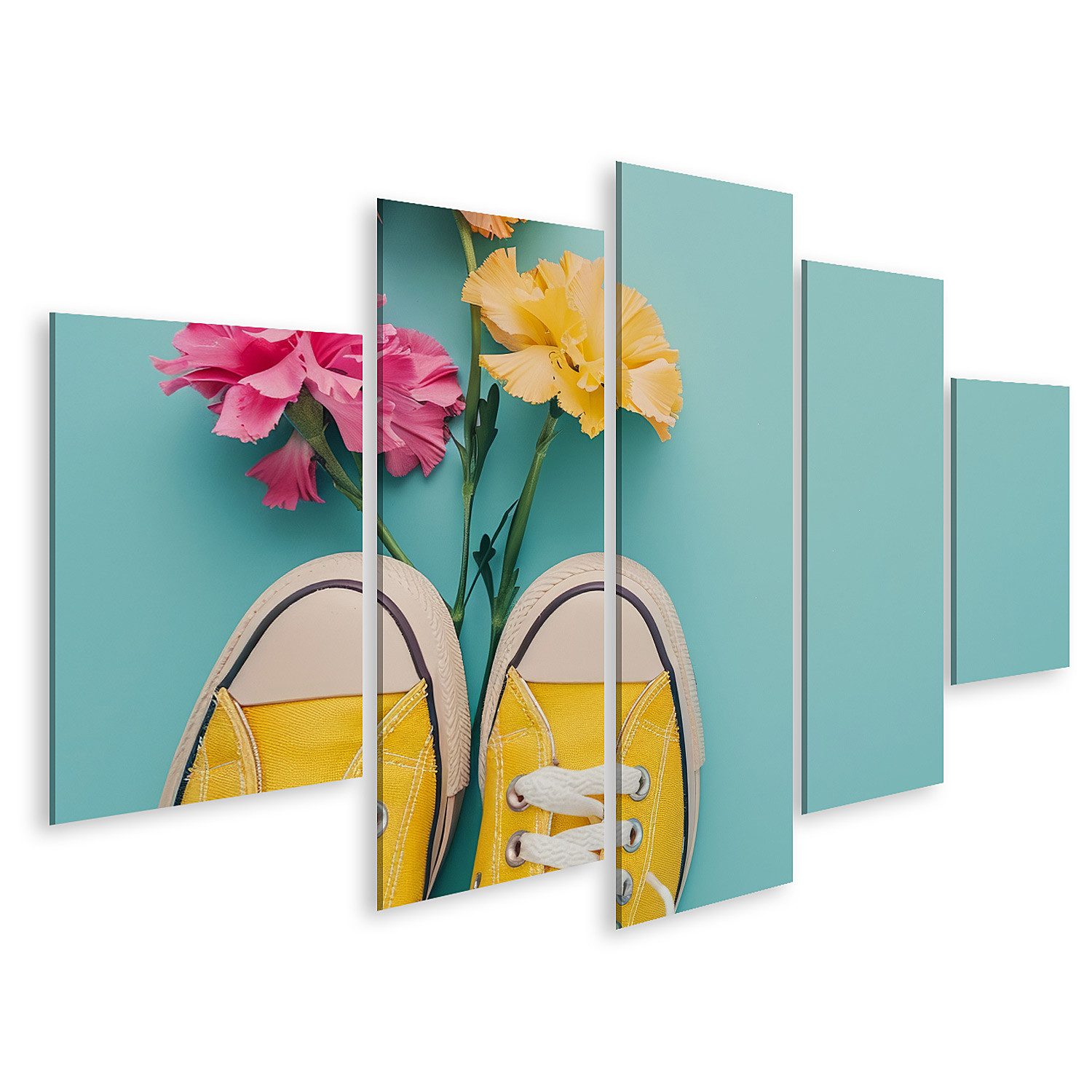 islandburner Leinwandbild Leuchtend gelbe Sneakers stechen hervor, bunte Blumen setzen verspiel