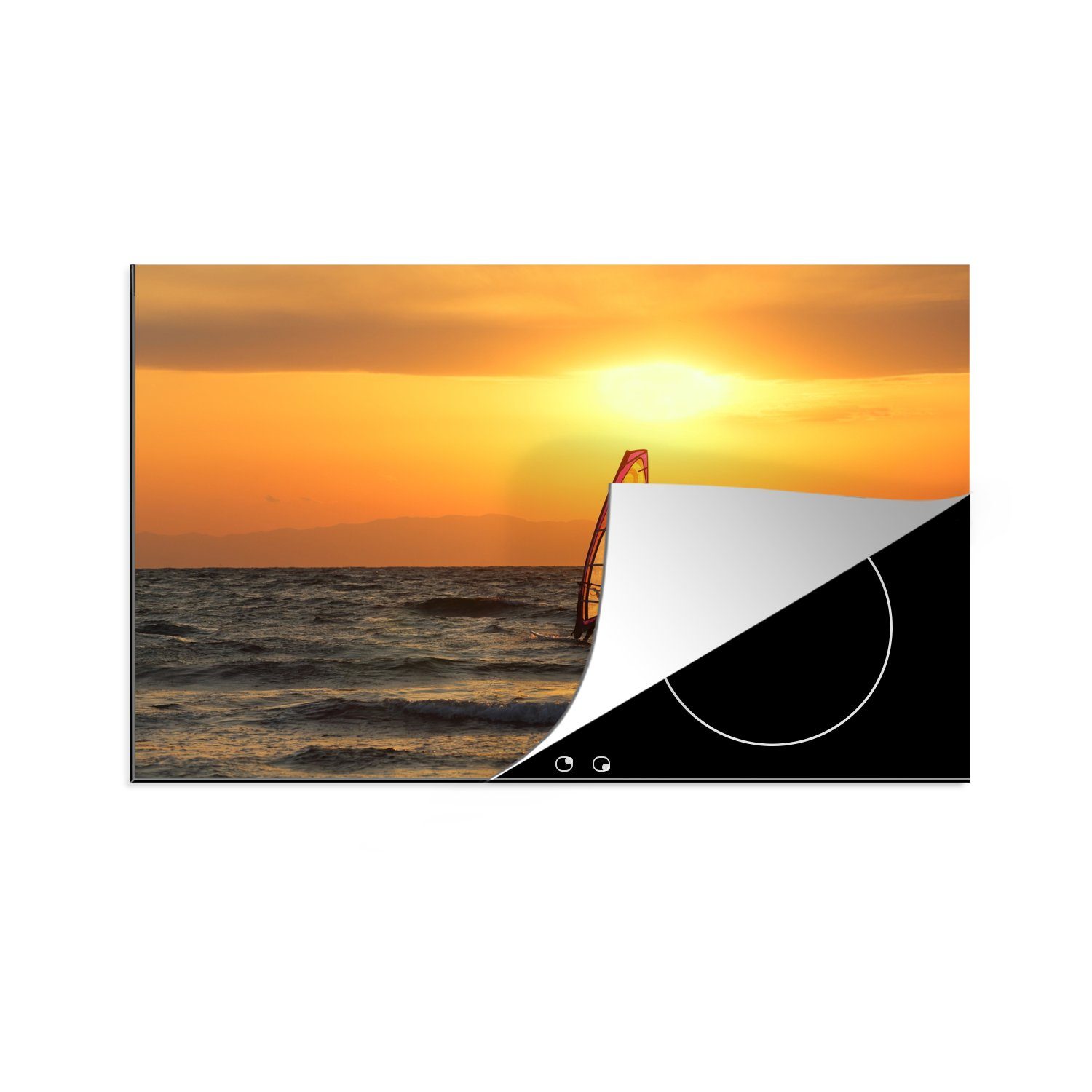 MuchoWow Herdblende-/Abdeckplatte Ein Windsurfer bei Sonnenuntergang, Vinyl, (1 tlg), 81x52 cm, Induktionskochfeld Schutz für die küche, Ceranfeldabdeckung