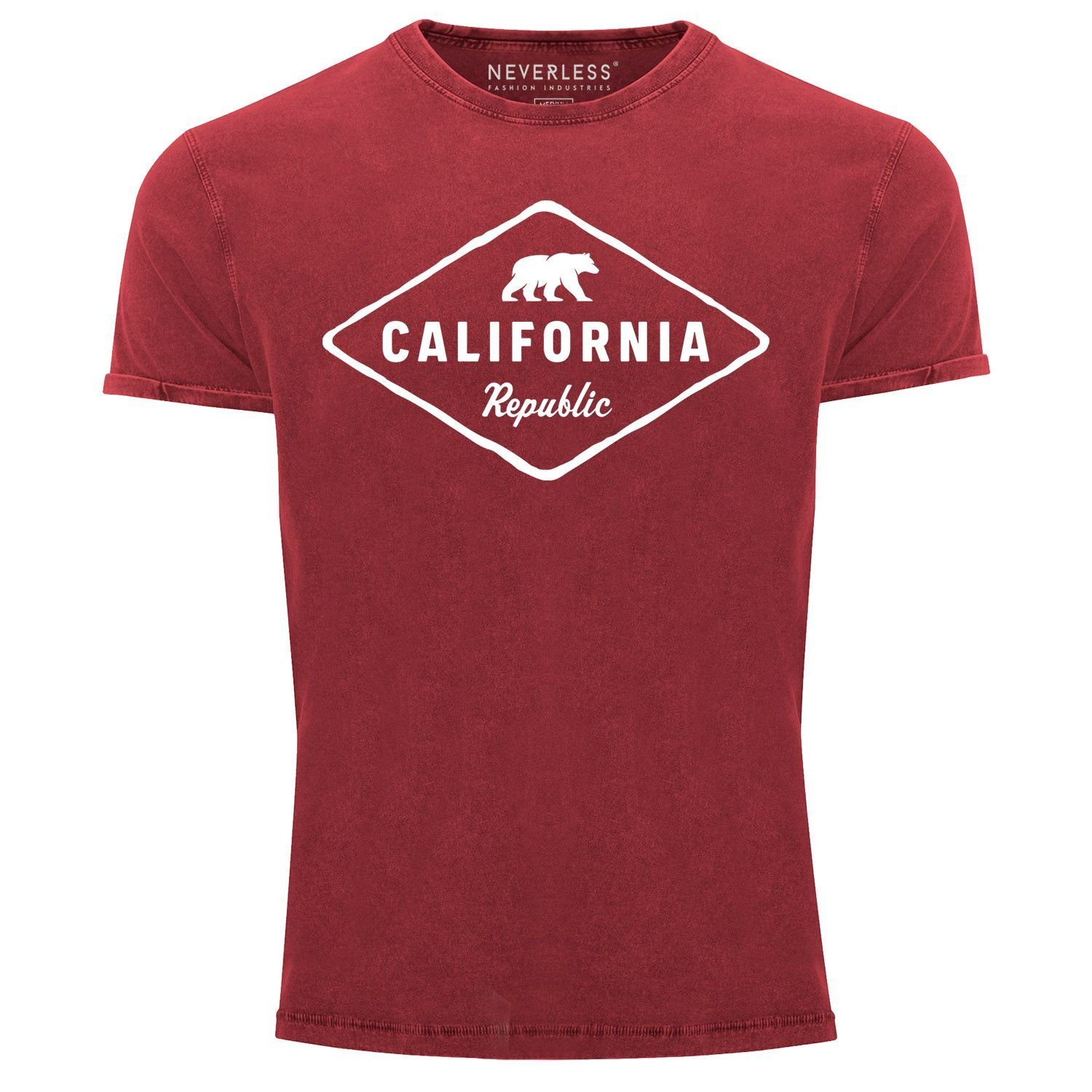 Shirt rot Aufdruck Printshirt Neverless USA Neverless® Print Badge T-Shirt Vintage California Sunshine State Bear mit Bär Republic Print-Shirt Herren
