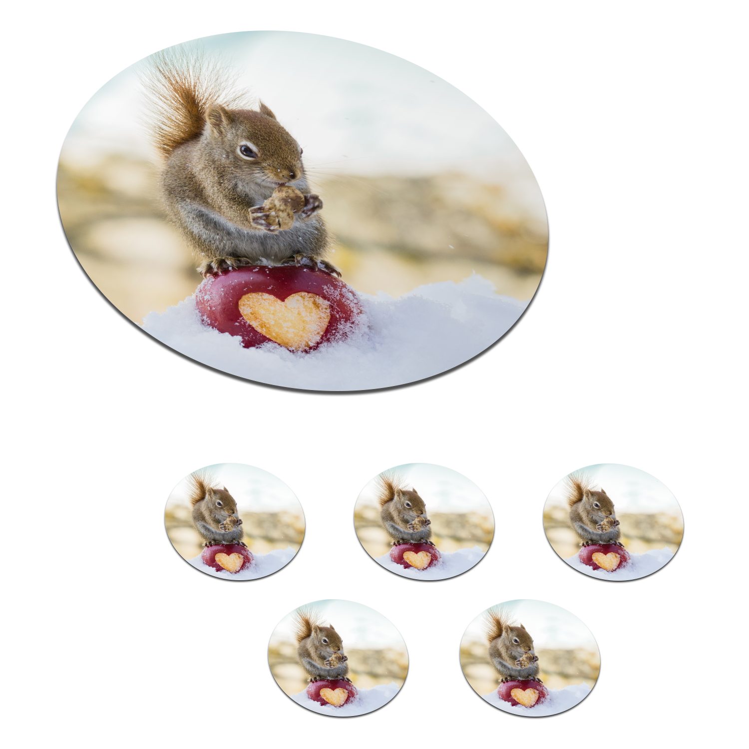 MuchoWow Glasuntersetzer Eichhörnchen auf Apfel mit fehlendem Herz, Zubehör für Gläser, 6-tlg., Getränkeuntersetzer, Tassenuntersetzer, Korkuntersetzer, Tasse, Becher