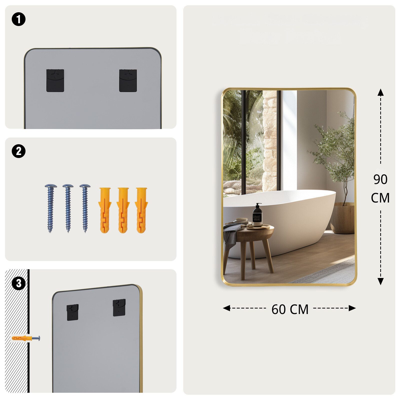 LUNAMIRROR Wandspiegel mit abgerundeten Ecken, Aluminiumrahmen, HD-Spiegelglas (1-St), senkrecht & waagerecht montierbar, schwarz/golden/silber – Bild 5 von 5