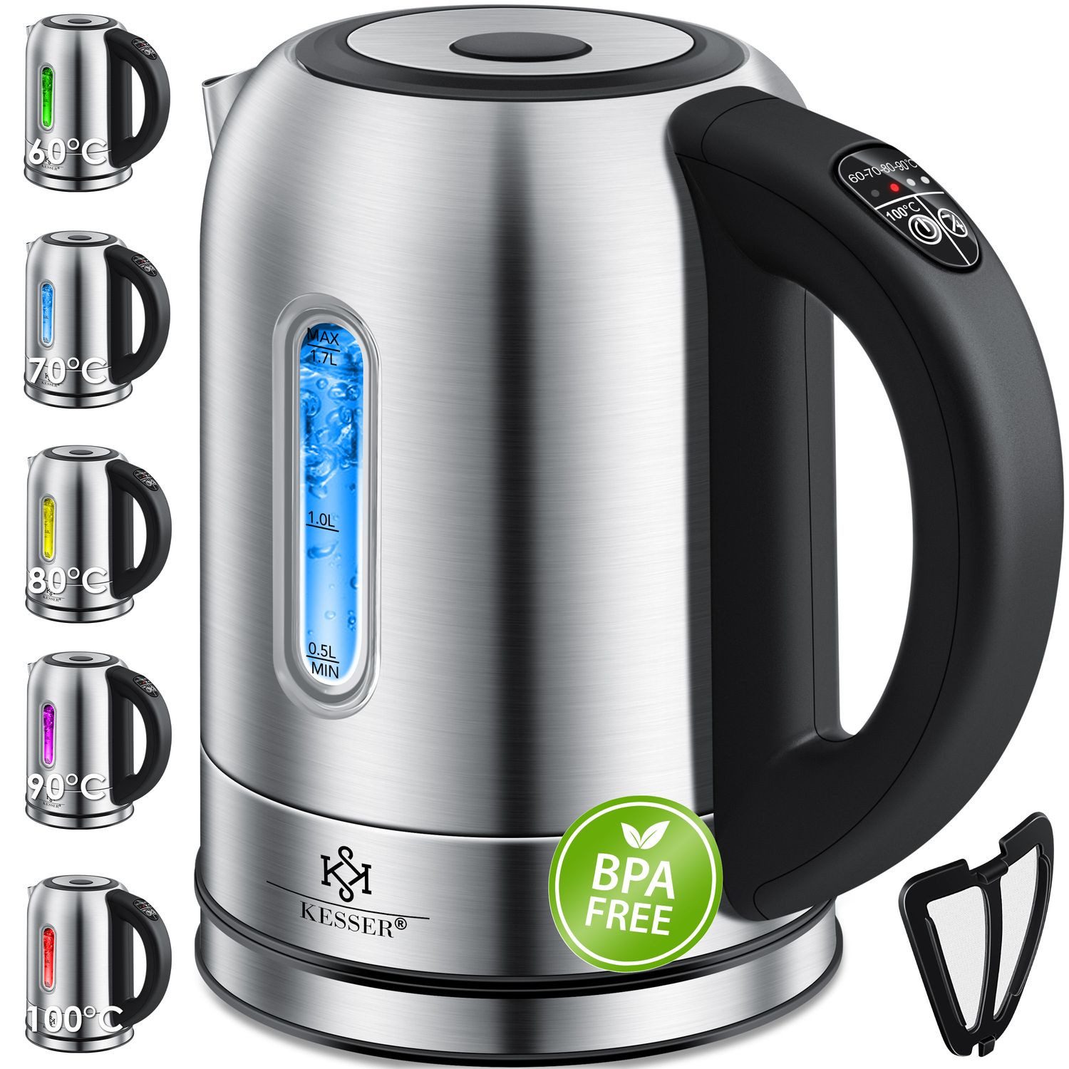 KESSER Єлктрочайники, 1.7 l, 2200 W, 1,7 Liter Edelstahl Єлктрочайники 2200W Temperaturwahl