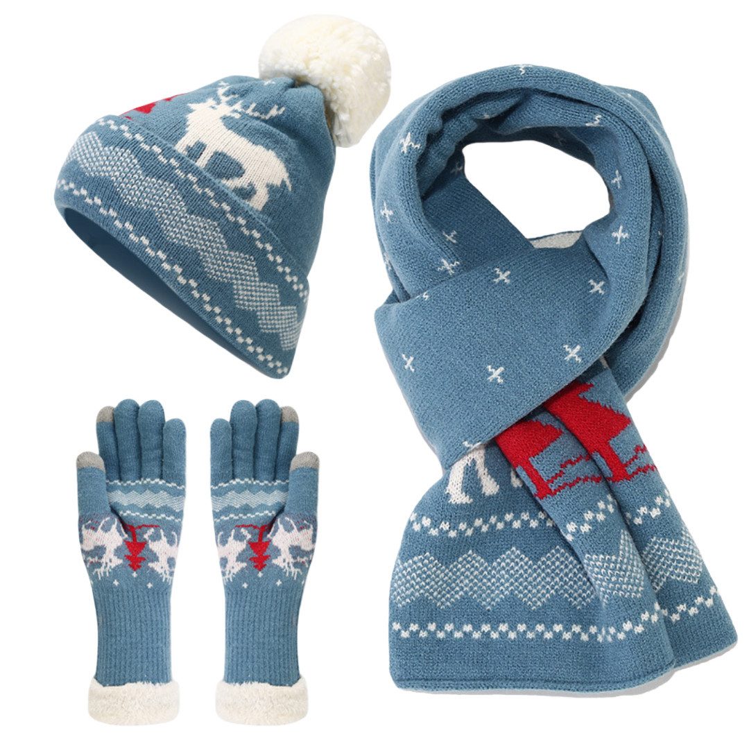 FOUORTUNATE-BEE Beanie Weihnachts Mütze Schal Handschuhe Set mit Rentier Strickdesign (Winter Strickset für Damen mit Rentiermotiv für Herbst und Winter)