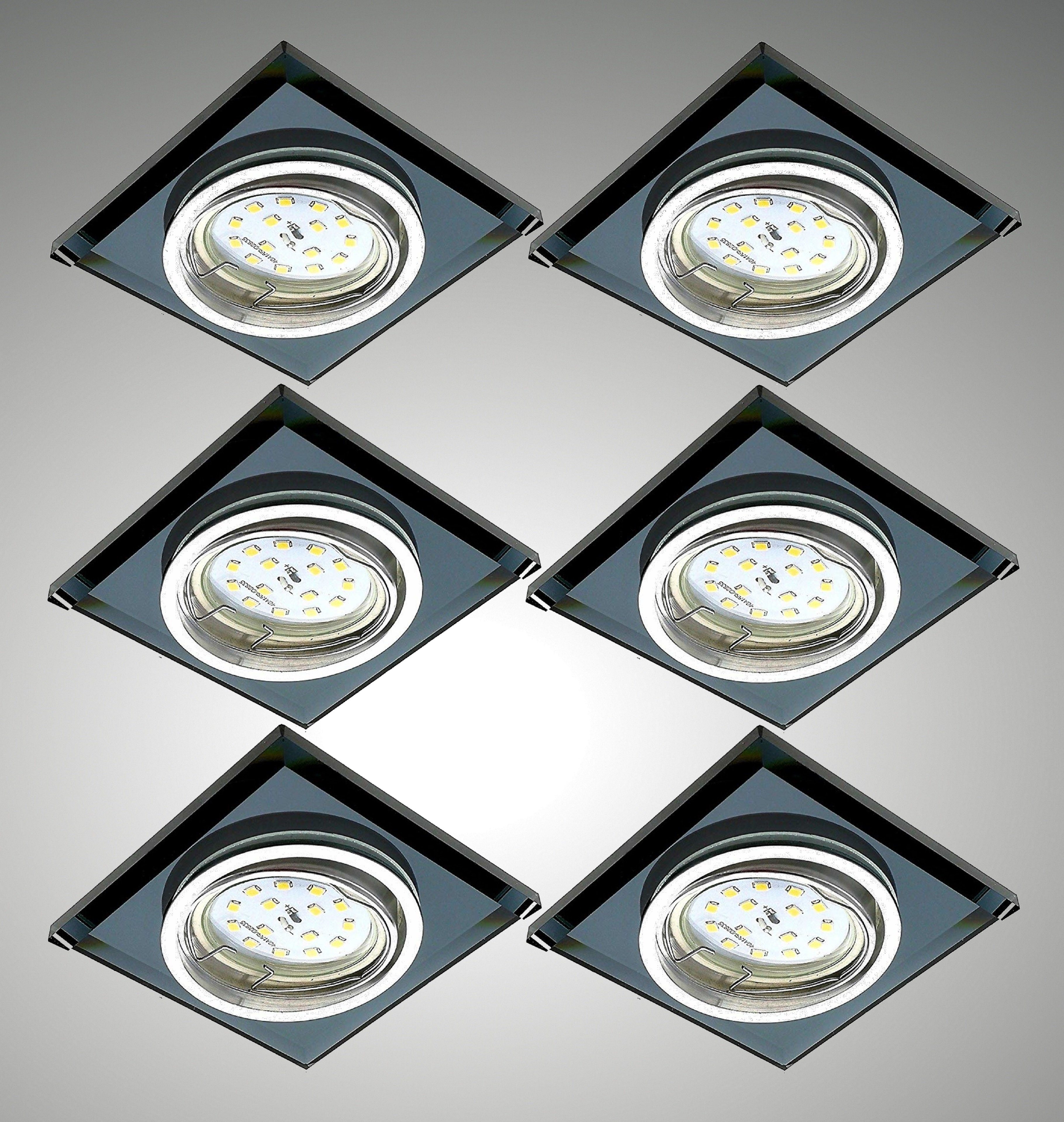 TRANGO LED Einbauleuchte, 6er Set 6736S-06GUSDAK *BLACK CRYSTAL* LED Deckenstrahler aus handgeschliffenem Schwarzglas & Alu inkl. 6x 3-Stufen dimmbar GU10 LED Leuchtmittel 3000K warmweiß, Einbauspot, Deckenleuchte