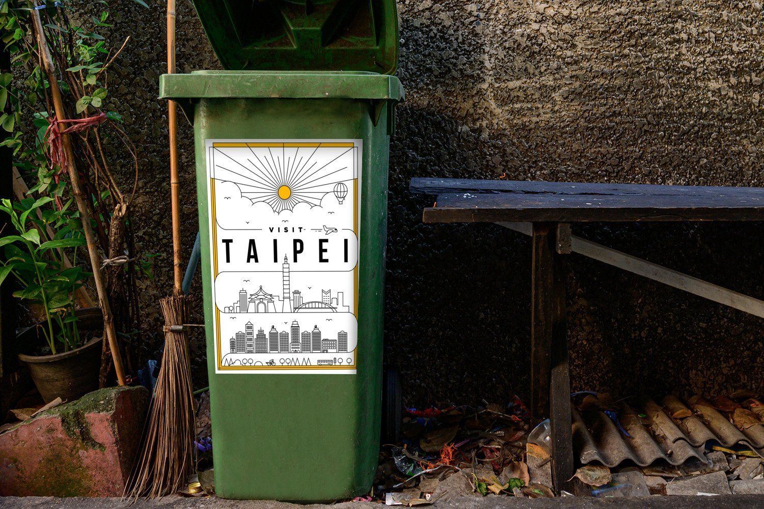 Mülleimer-aufkleber, Taipeh Wandsticker Mülltonne, - (1 St), Stadtbild Container, weiß Sticker, MuchoWow Abfalbehälter