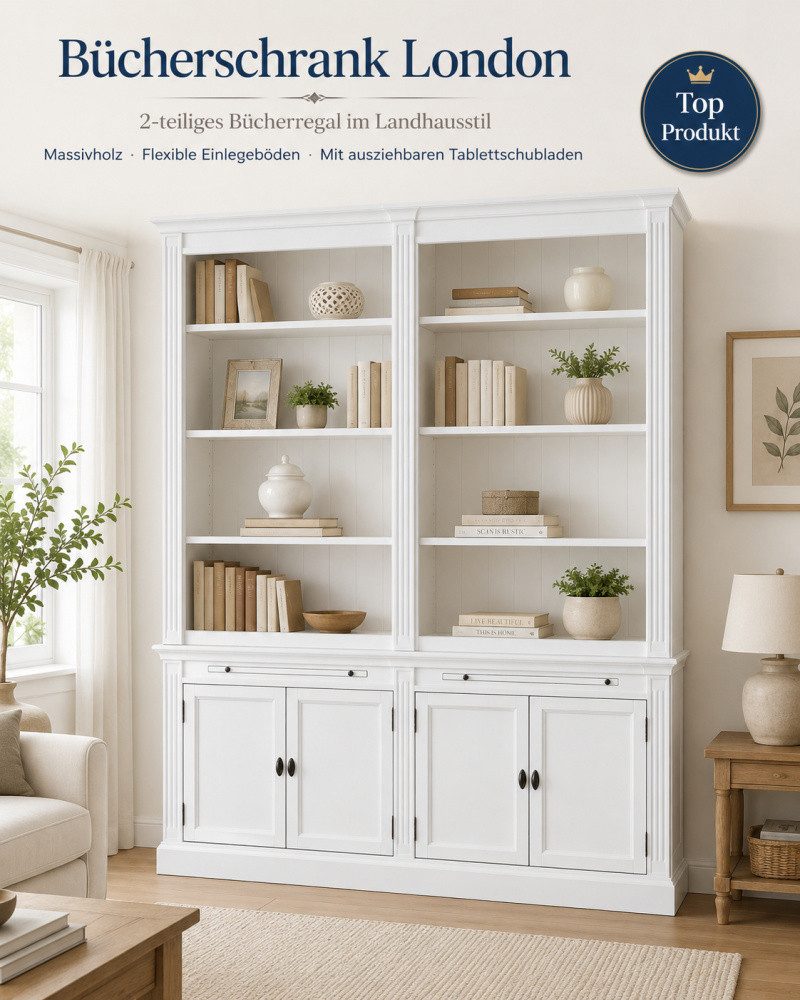Wohnpalast Bücherregal Bücherschrank London 200cm - 2-teiliges Bücherregal im Landhausstil mi