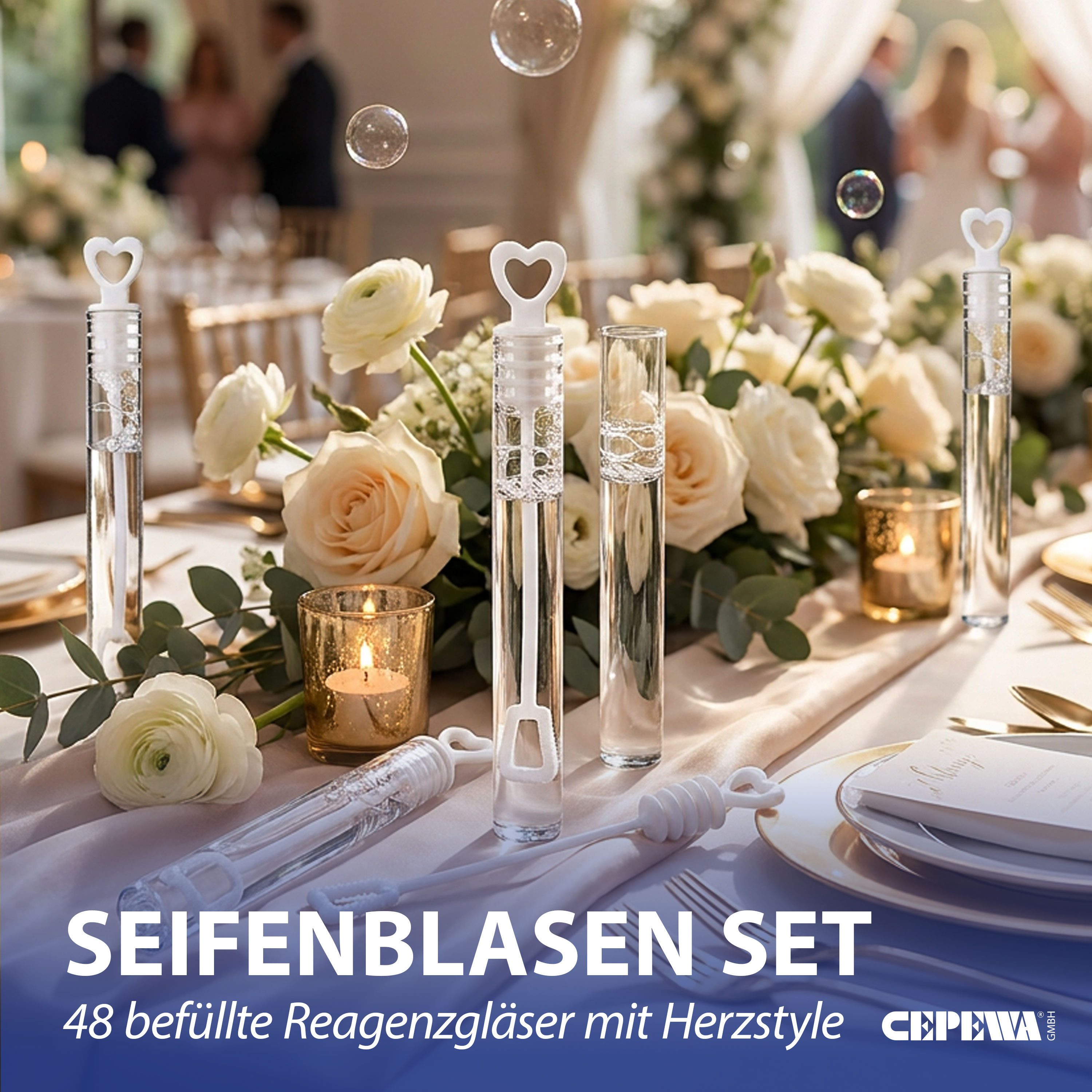CEPEWA Seifenblasenmaschine Seifenblasen Hochzeit 'Wedding Bubbles' 48er Set 15x12x12,5cm Röhrchen