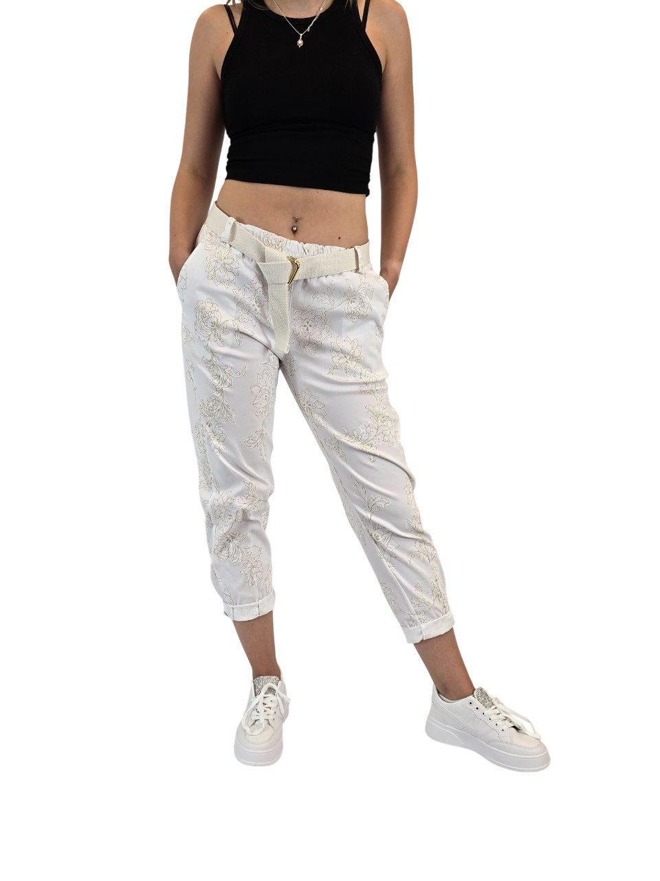 Sa-Lucca Jogger Pants Damen Joggpants mit edlem Blumen-Muster und Stretch-Komfort elastischer Bund