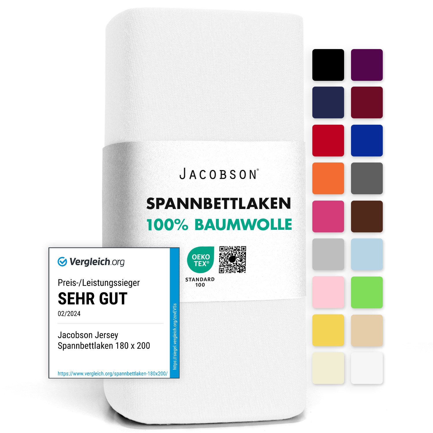 Jacobson Spannbettlaken aus 100% Baumwolle, Jersey Bettlaken 160 g/m², Spannbetttuch mit Gummizug, pflegeleicht & viele Farben