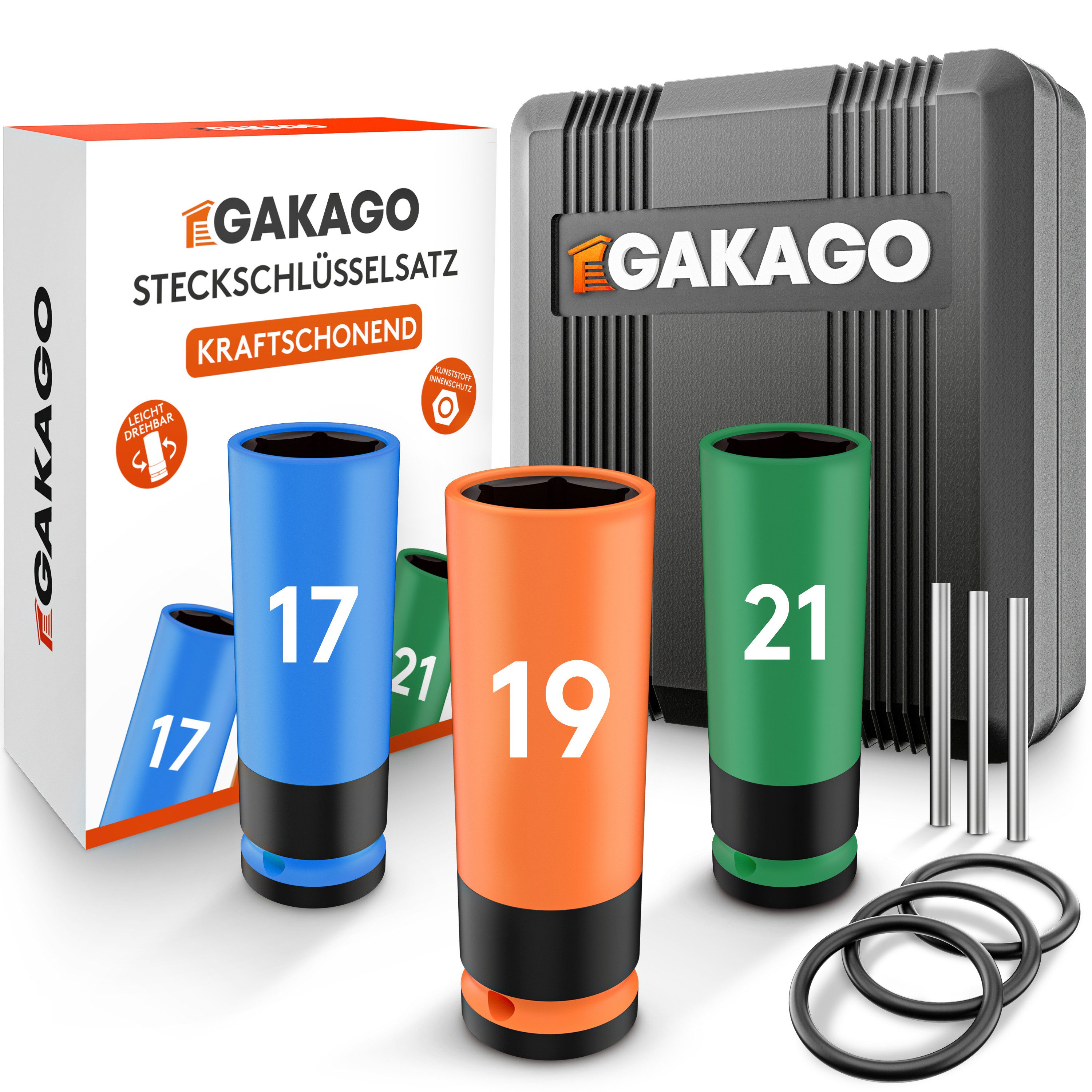 Gakago Steckschlüssel (Set, 3-tlg. Kraft-Schoneinsatz für 17mm 19mm 21mm Radschrauben), - 1/2 Zoll mit Sicherheitsstift und Ring