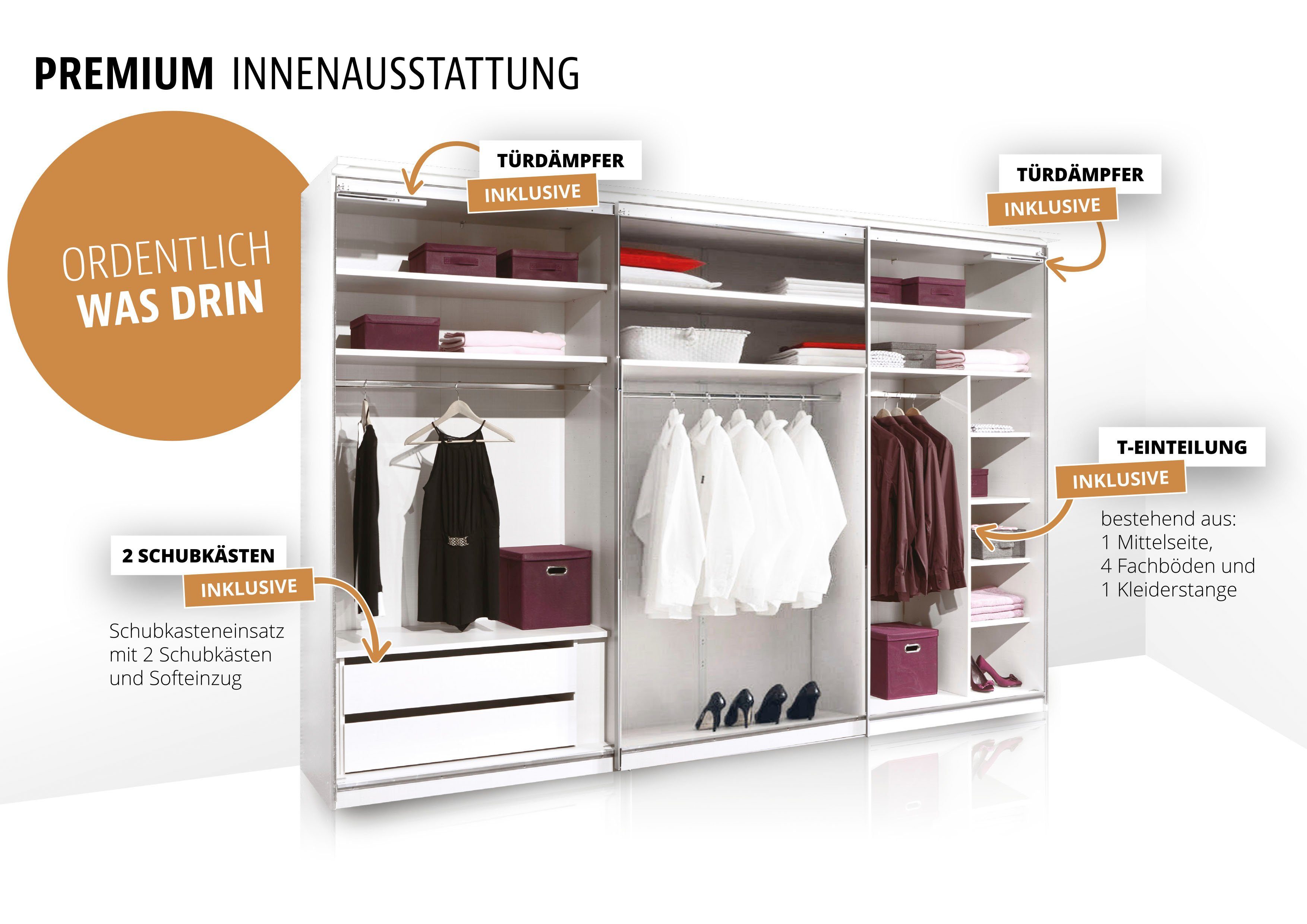STAUD Schwebetürenschrank Sinfonie Plus, edles Design in hochwertiger Qualität, Made in Germany (in 4 verschiedenen Ausstattungen erhältlich) Mit kombinierter Glas-Spiegel-Front, viele Varianten