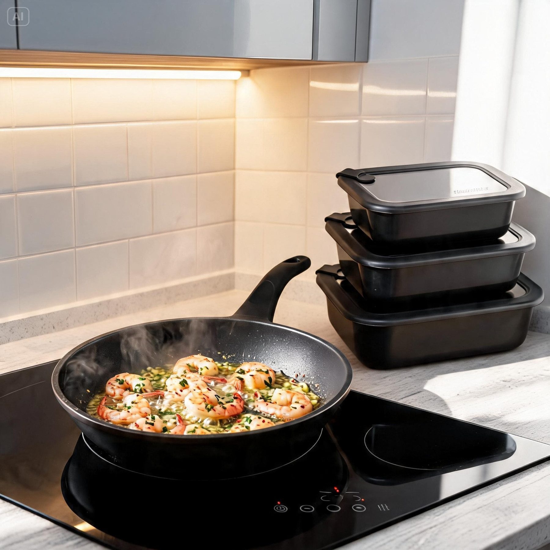 Mulex Bratpfanne TOMALIN Premium 26 cm inklusive LUND Meal Cubes – aus gehärtetem Glas, Pfanne Aluguß (Premium Qualität // 7tlg., 7-tlg., Tomalinbeschichtung // Meal Cube aus gehärtetem Glas), induktionsgeeignet