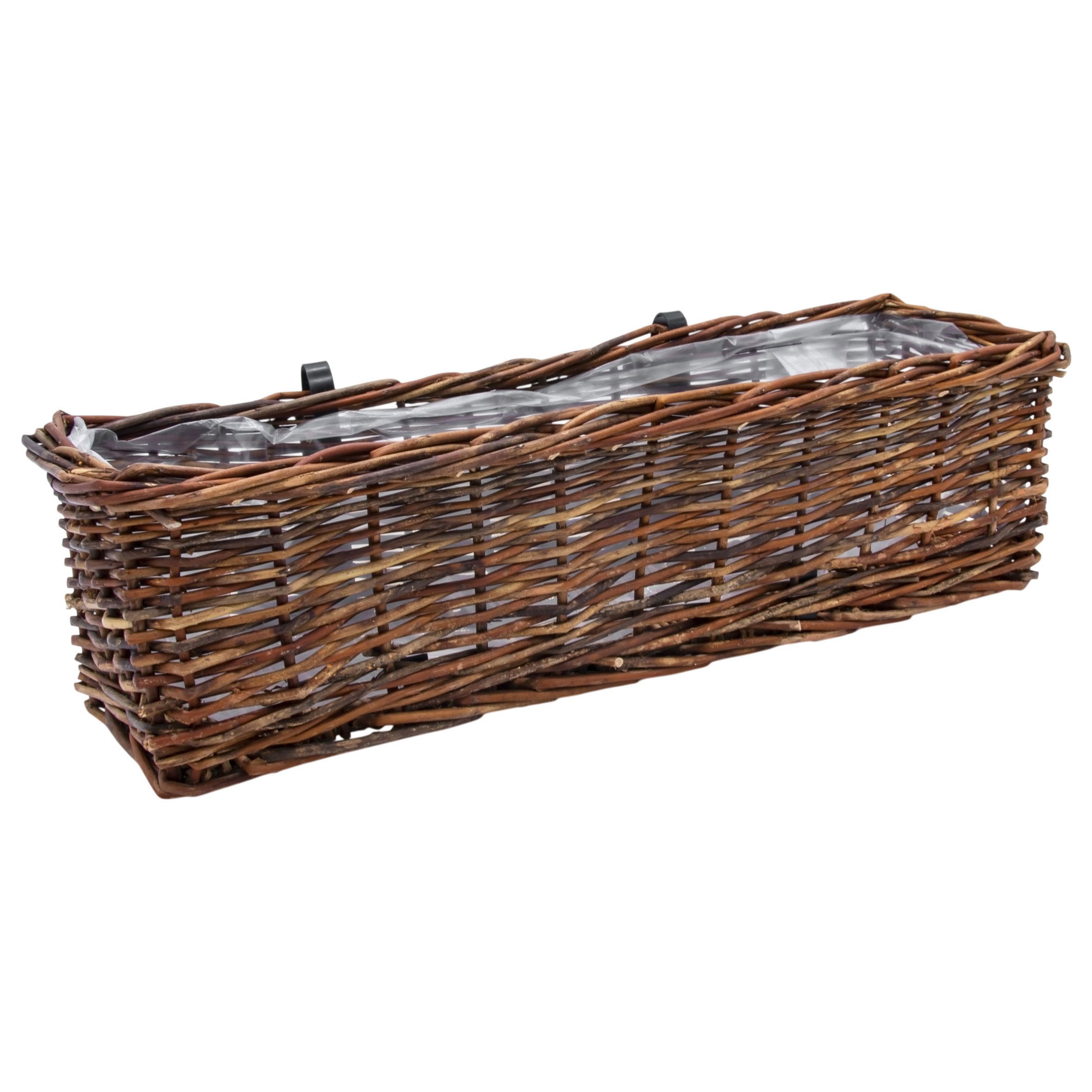 Spetebo Blumenkasten Rattan Balkonkasten eckig mit Folie (natur dunkel, 1 St., Stück), Rattan Blumenkasten mit Aufhängung für Geländer bis 3,5 cm