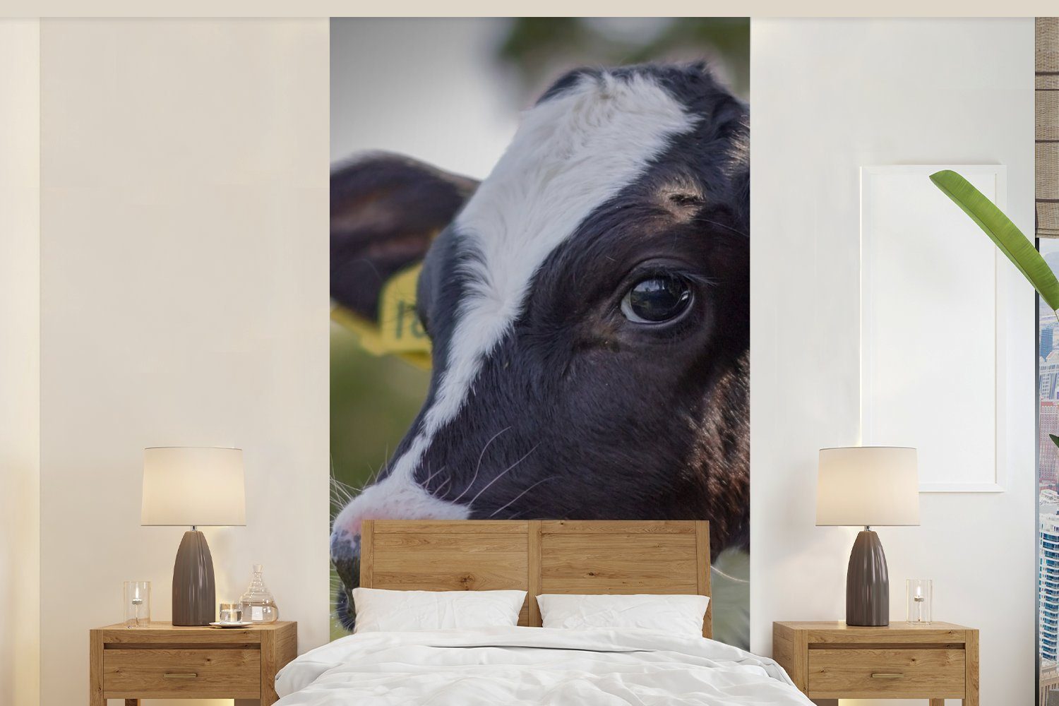 MuchoWow Fototapete Kuh - Kalb - Tiere - Bauernhof, Matt, bedruckt, (2 St), Vliestapete für Wohnzimmer Schlafzimmer Küche, Fototapete
