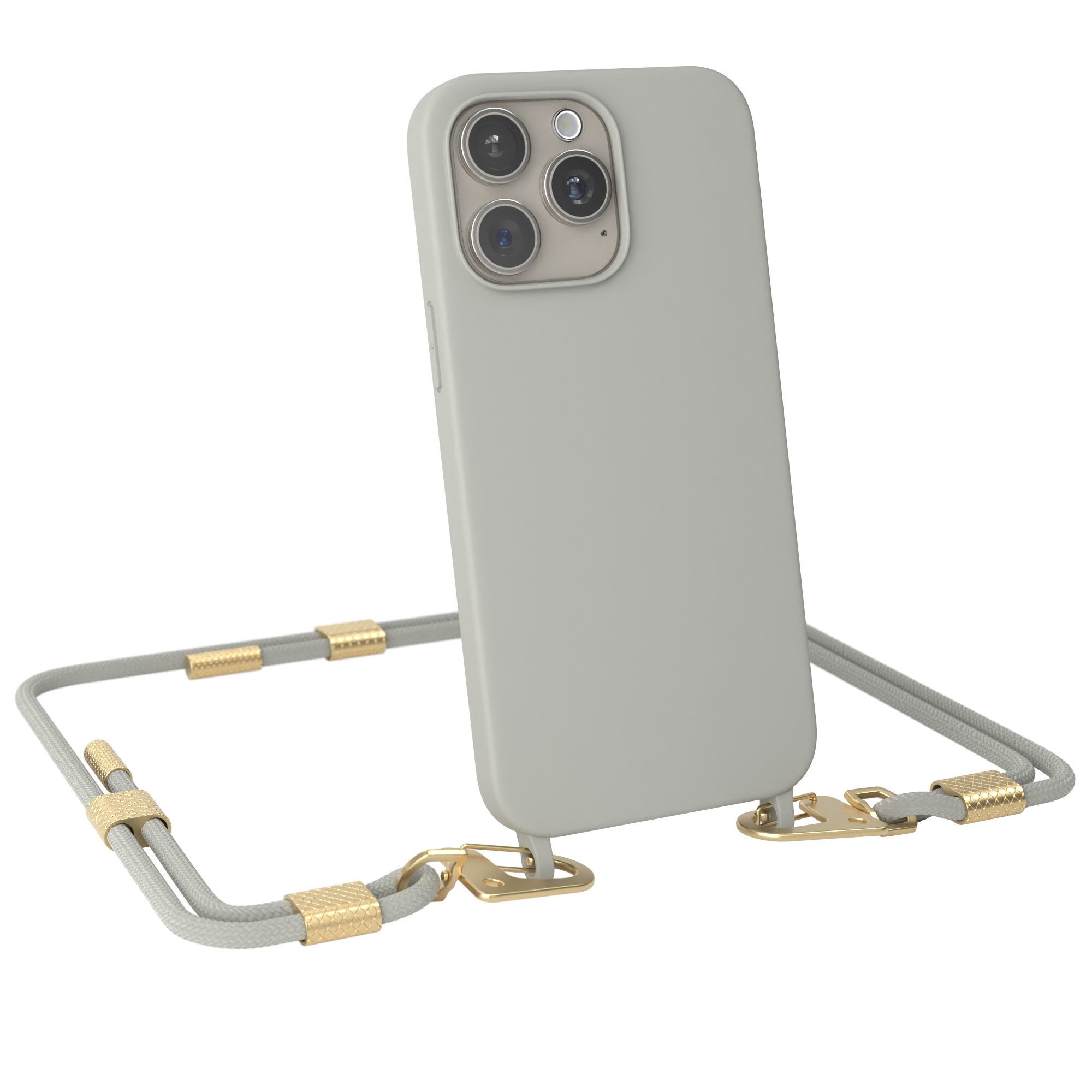 EAZY CASE Handykette Carabiner Chain für Apple iPhone 15 Pro Max 6,7 Zoll, Schutzhülle zum Umhängen Handyhülle mit Umhängeband Schwarz Grau Taupe