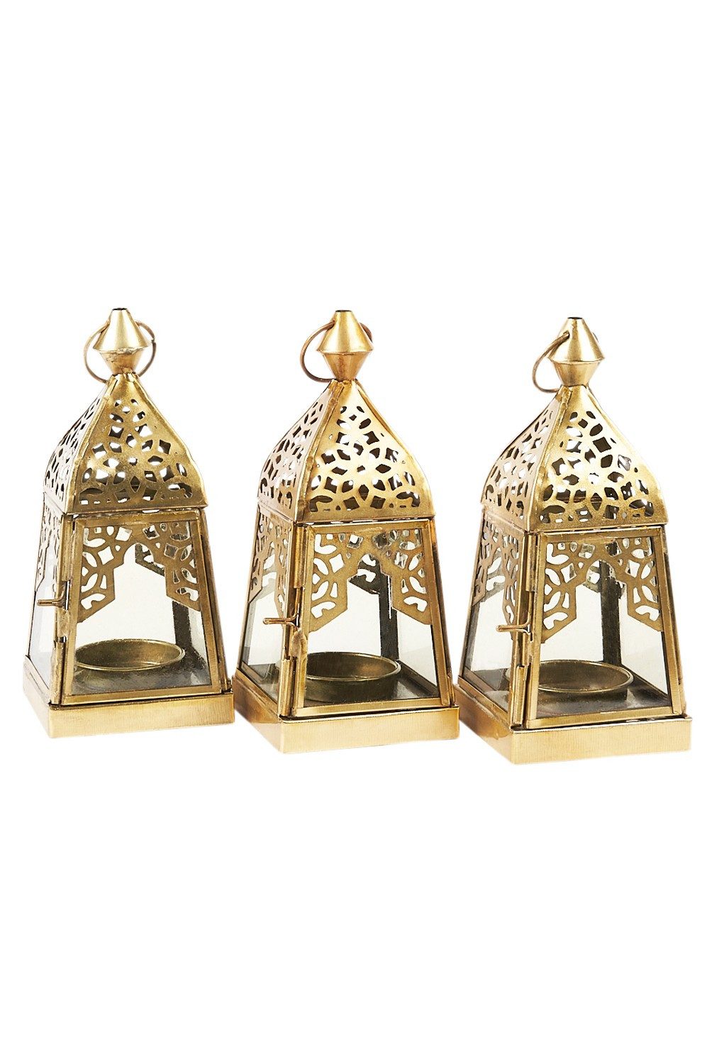 Marrakesch Orient & Mediterran Interior Teelichthalter 3er Set Orientalische Laterne Basil klar aus Glas in Gold Antik 16 cm (3 St), Handarbeit