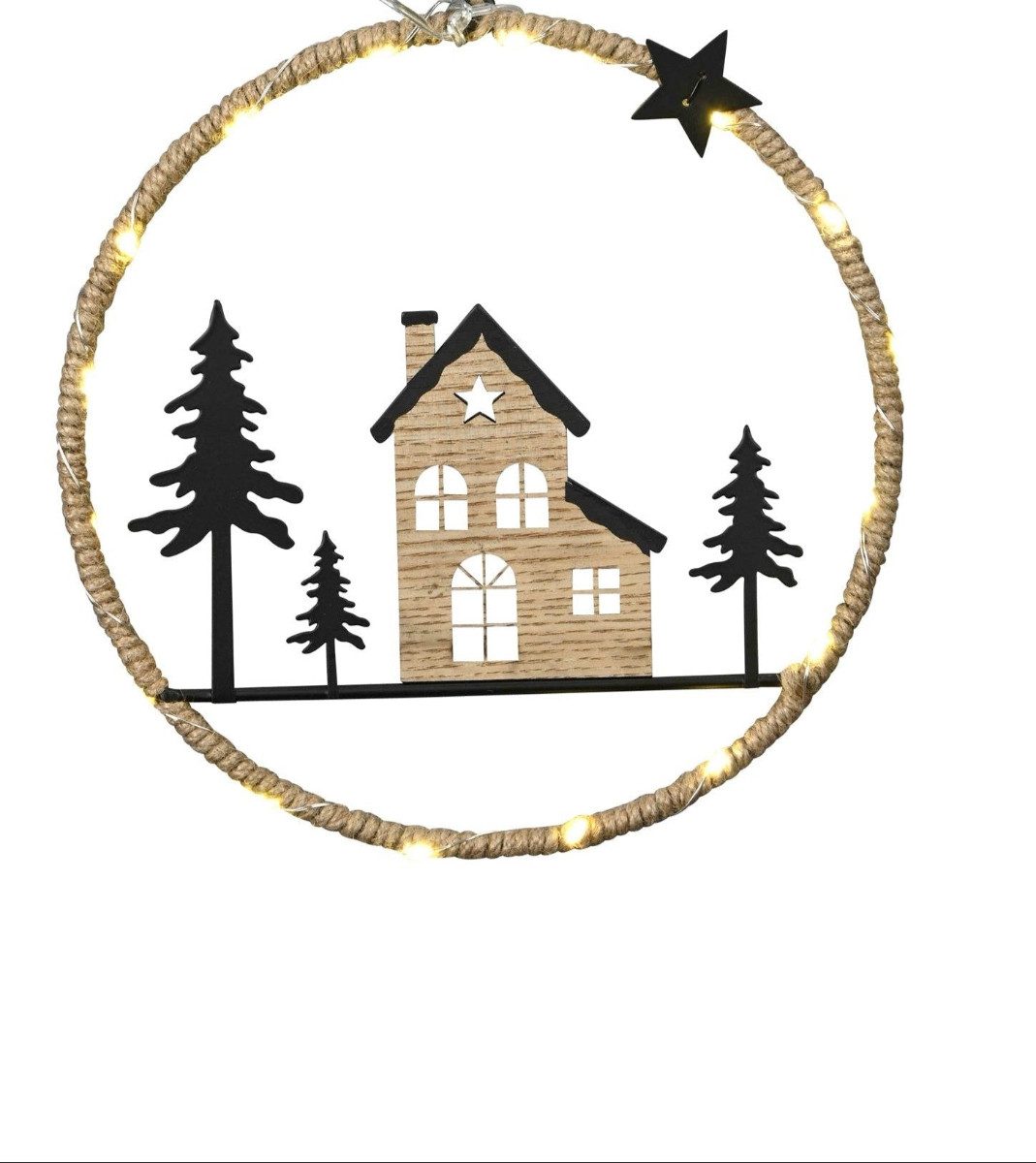 finehomegarden Dekofigur Ring Dekoring Metall schwarz zu hängen LED Haus Tannenbaum (1 St), Ø22,5cm H22,5cm schwarz/natur Weihnachten Advent Dekoration