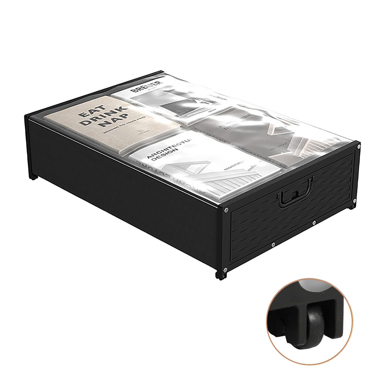 MOPUEA Unterbettkommode Unterbett-Staufach Aufbewahrungsbox 58.5*42*16 Rolle-Design mit Deckel (Rollstoffkisten mit Griff, durchsichtigen Deckeln und 360°-Rollen, Große Kapazität für Kleidung, Schuhe, Decken; praktisch und vielseitig), Robuster Griff, transparente Deckel, bodenschonende 360°-Drehrollen
