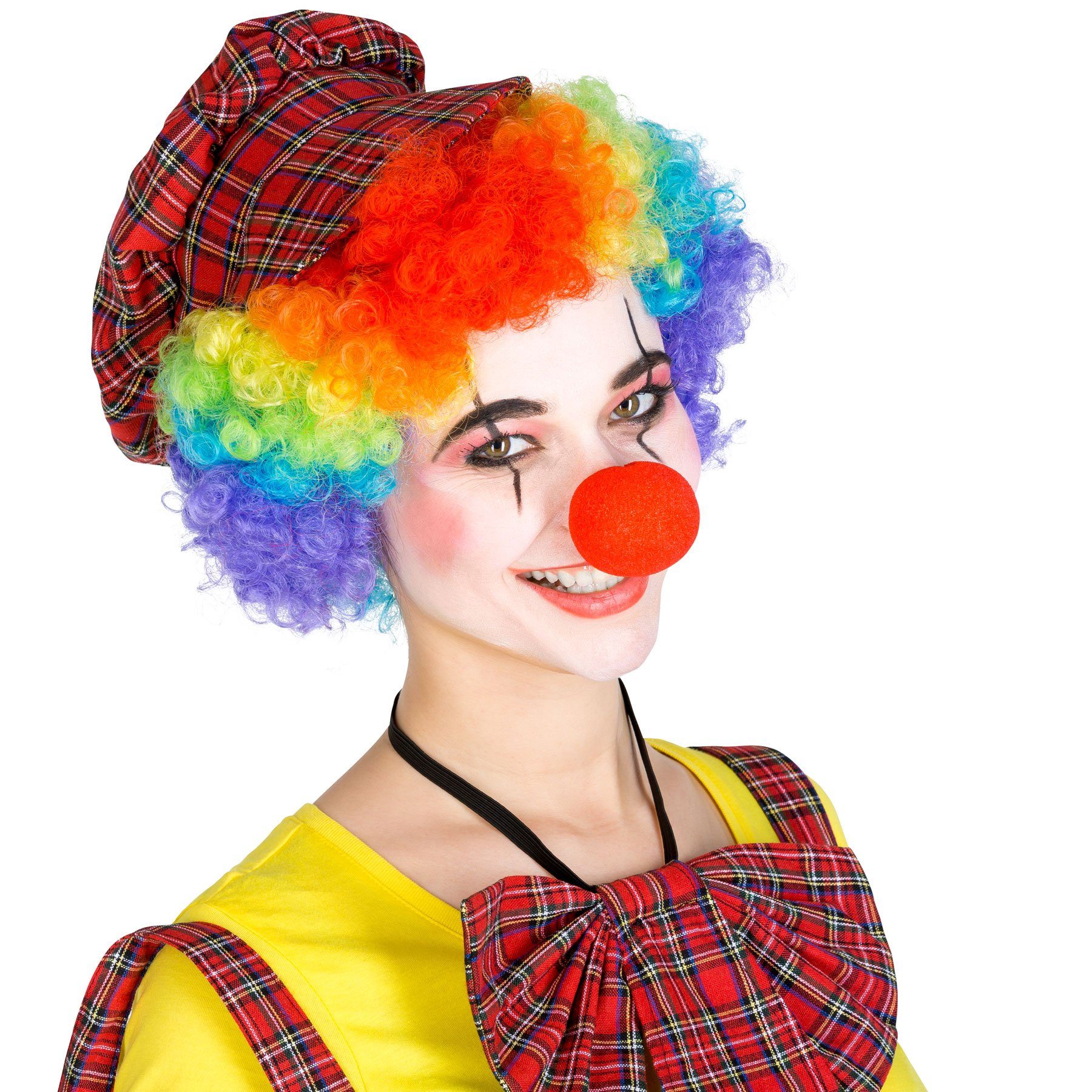 dressforfun Clown-Kostüm Spaßvogel/Komiker, in der Farbe rot, Gr. XXL, Flippiger Karo-Look, Wundervolle Latzhose, Verstellbare Träger, Schildkappe, Clown-Nase