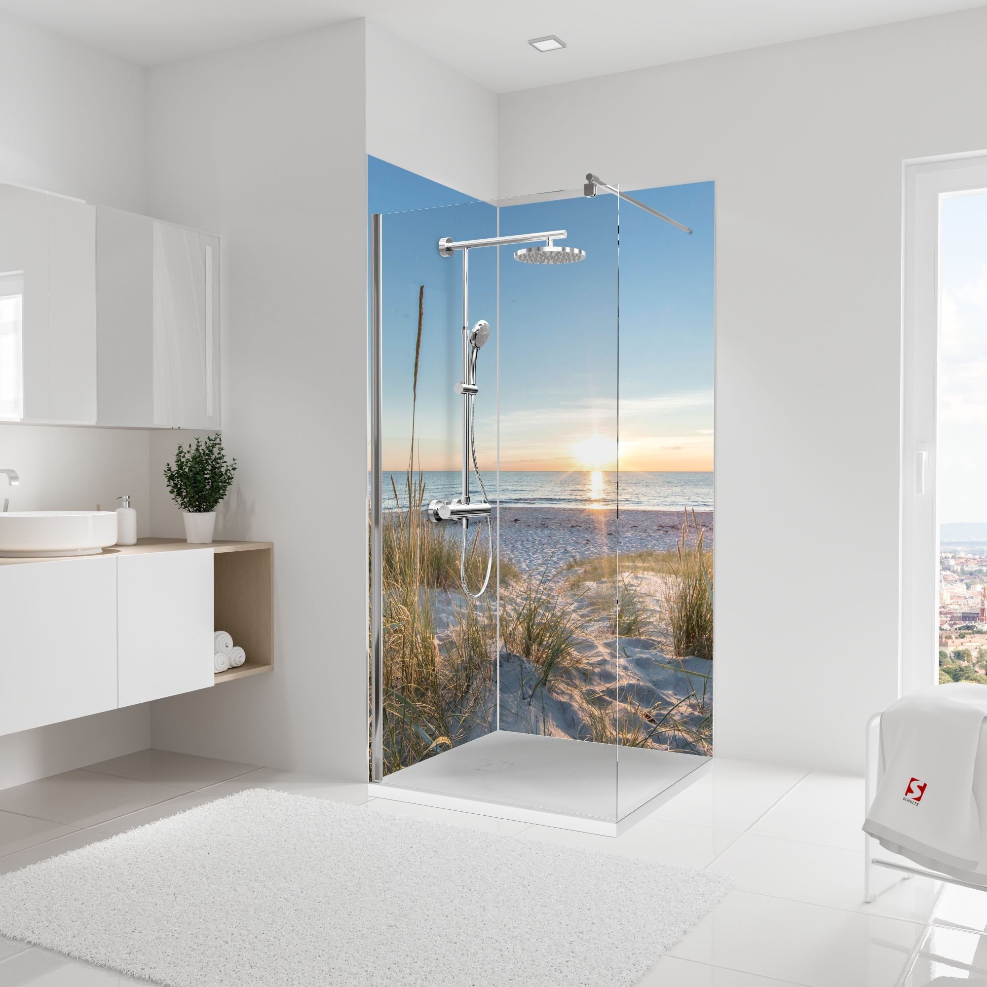 Schulte Badrückwand DecoDesign Foto Motiv Sonnenuntergang Düne, (Set über Eck, 2 Platten à 90 x 210 cm), Wandverkleidung, Duschrückwand, fugenloser Fliesenersatz