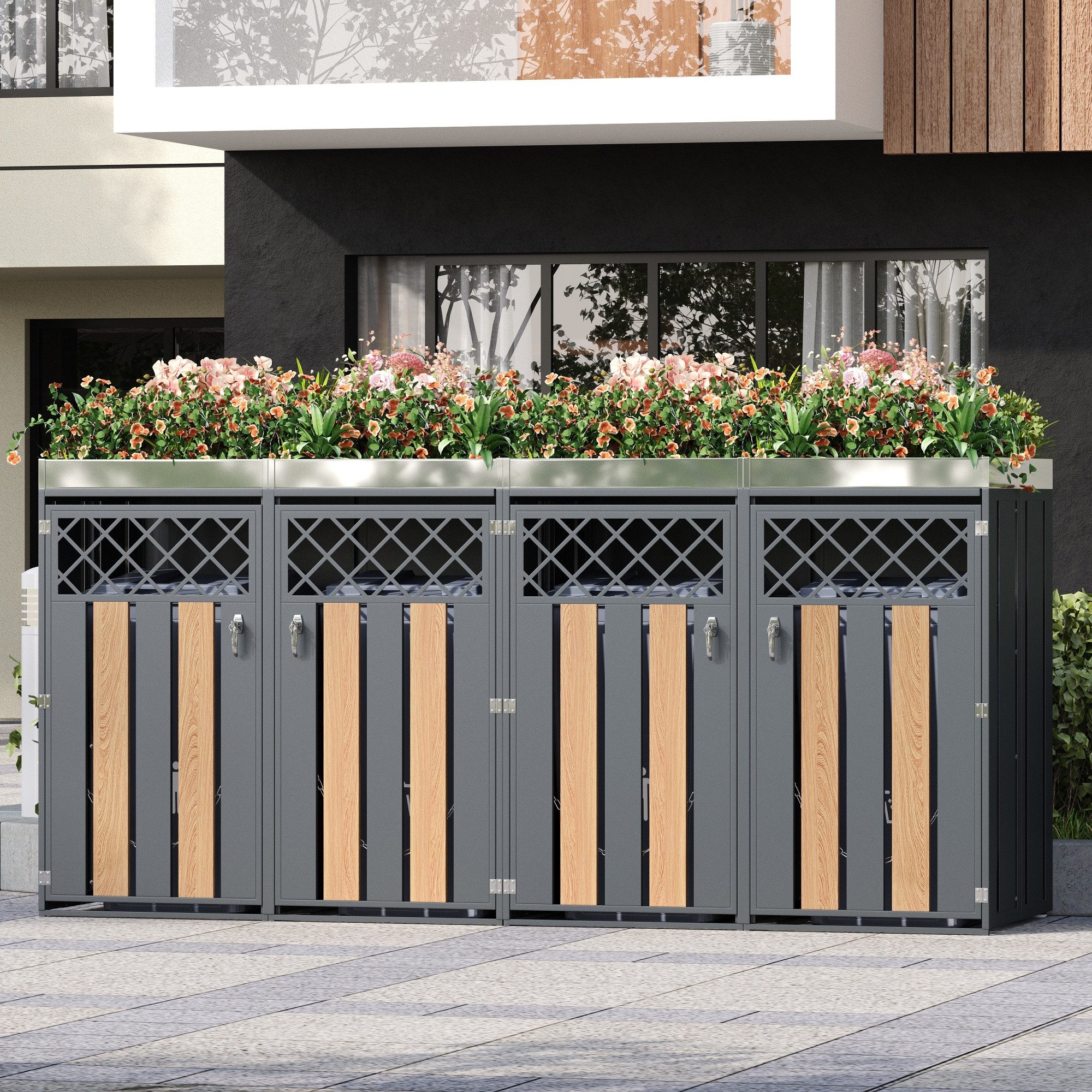 Refined Living Mülltonnenbox Mülltonnenbox Stahl mit Pflanzkasten, Schloss & Belüftung Holzoptik (Mülltonnenbox für 4 Tonnen, 264x80x124,5 cm, Stahl verzinkt, Grau Holzoptik, abschließbar, 2 St., 4 Türen, Pflanzkasten integriert, Rautenbelüftung, großes Volumen), Mülltrennung System, Garten Wohnanlage Gewerbe, wetterfest Outdoor