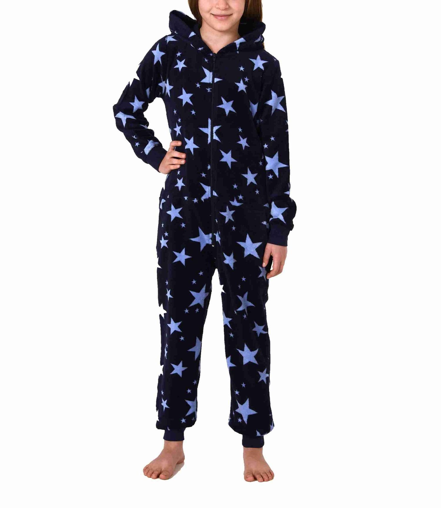 Normann Pyjama Damen Jumpsuit Overall mit Kapuze im Sternen Look aus Coralfleece