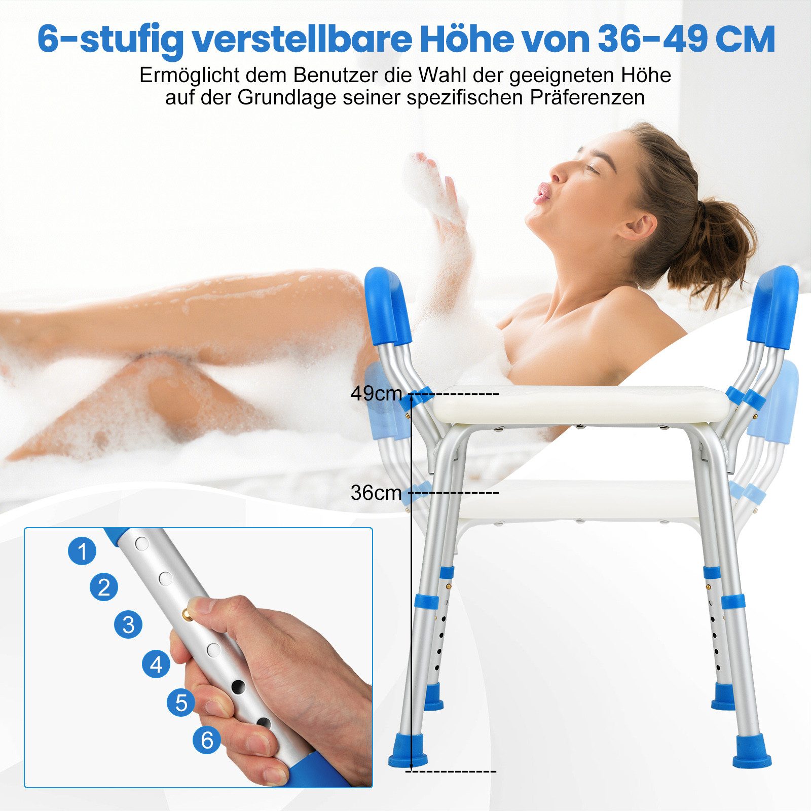 COSTWAY Duschhocker Badhocker, belastbar bis 100,00 kg, höhenverstellbar, mit Armlehnen