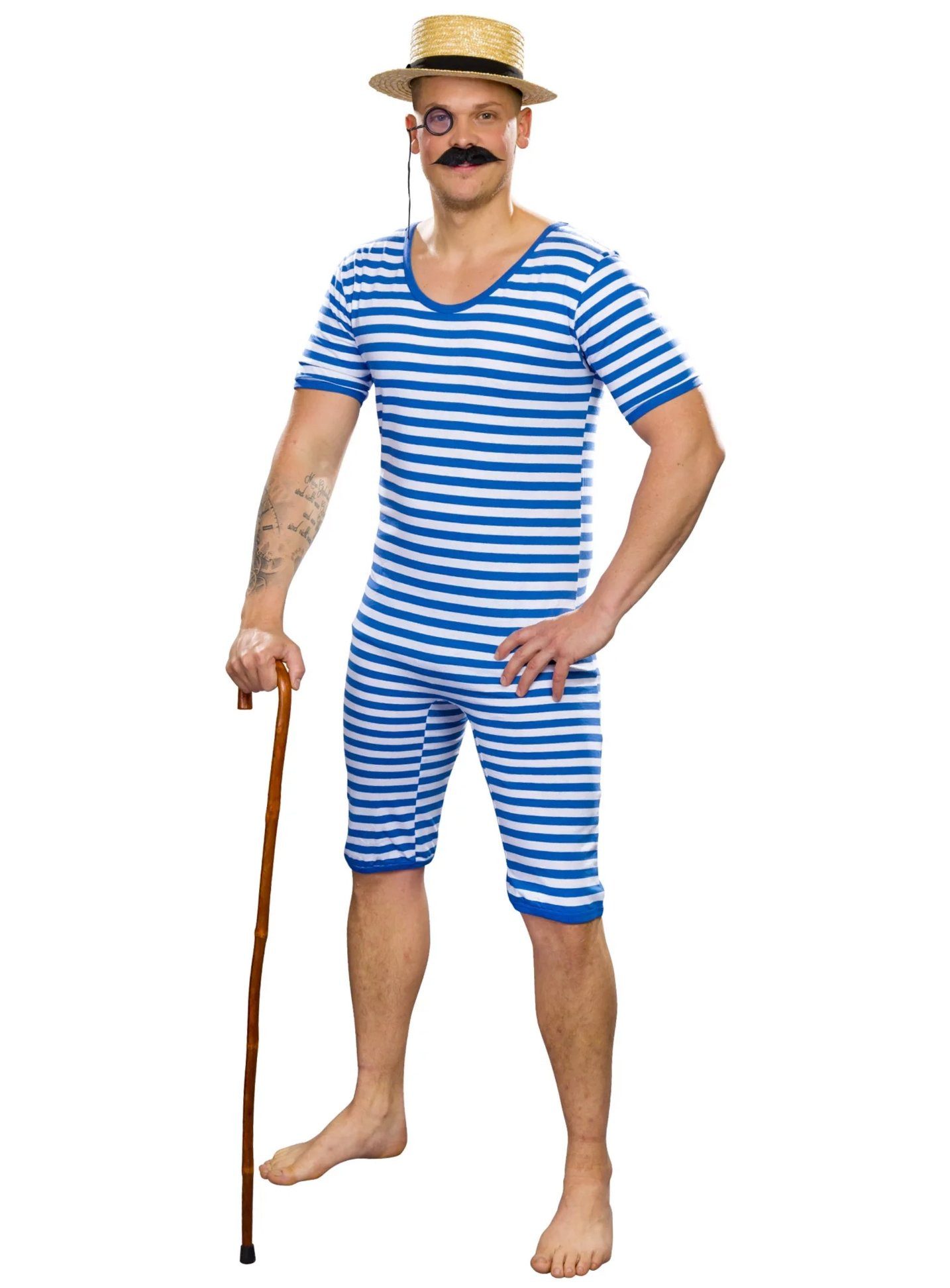 Metamorph Kostüm Herren Badeanzug blau-weiß, Ob Strandpromenade oder Zirkuszelt: Streifen mit Stil