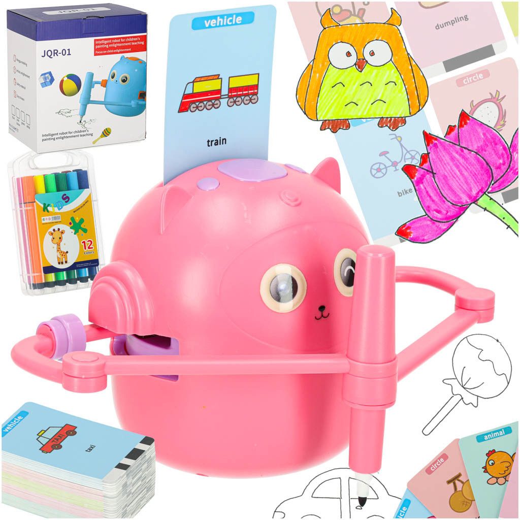 Ikonka Lernroboter Zeichenroboter Malroboter Kreativspielzeug (Spar-Set, 1-tlg), 100 Lernkarten, Akku, Englisch, Musik, rutschfest