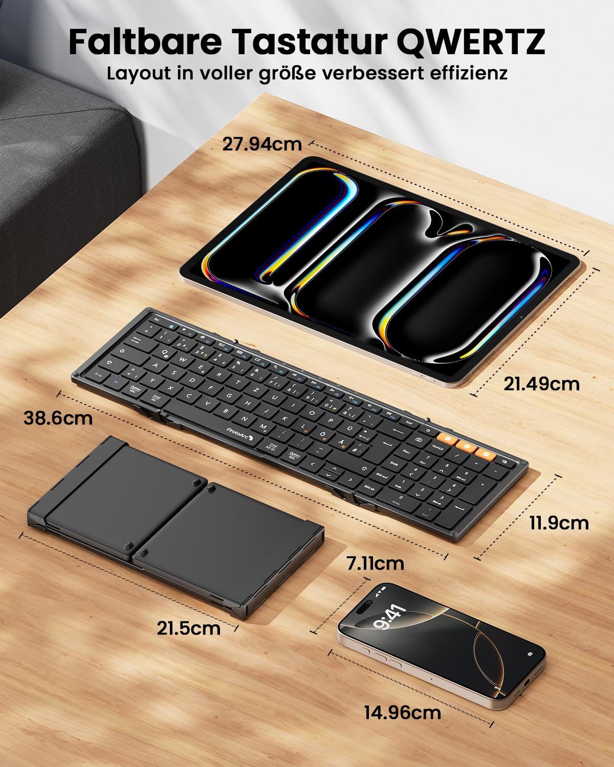 ProtoArc XK01 Faltbare Bluetooth Tastatur, QWERTZ, Ziffernblock Tastatur (Bluetooth Tastatur 3 Geräte) – Bild 3 von 5