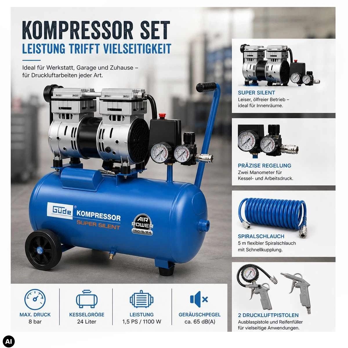 Güde Kompressor Kompressor Airpower 150/8/24 SUPER SILENT 49 db 3er Druckluftset