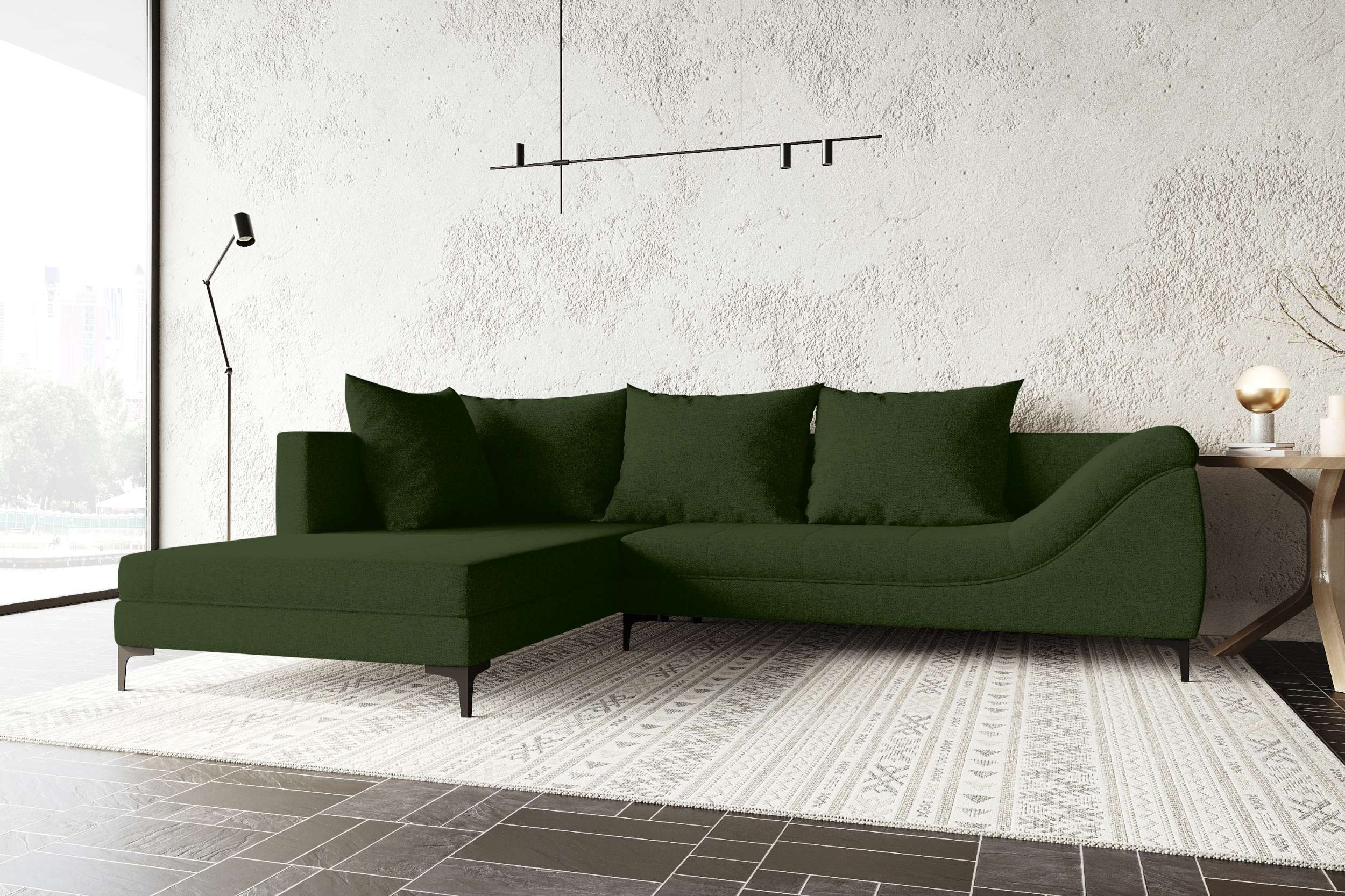 99rooms Ecksofa Loni, Ottomane links/rechts, 4 Rückenkissen, stabile Metallfüße
