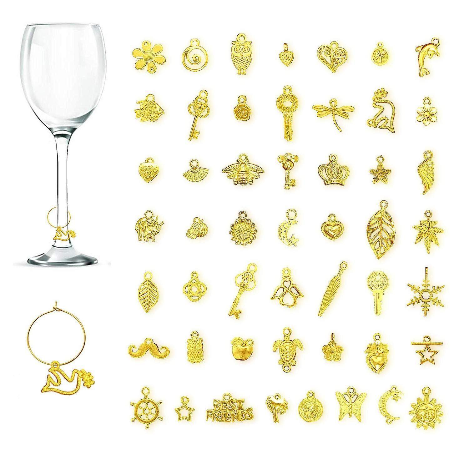 LuxusKollektion Weinglas Weinglas Anhänger Charms Kelch Marker Schnalle Goldmotiv – 50 Stück