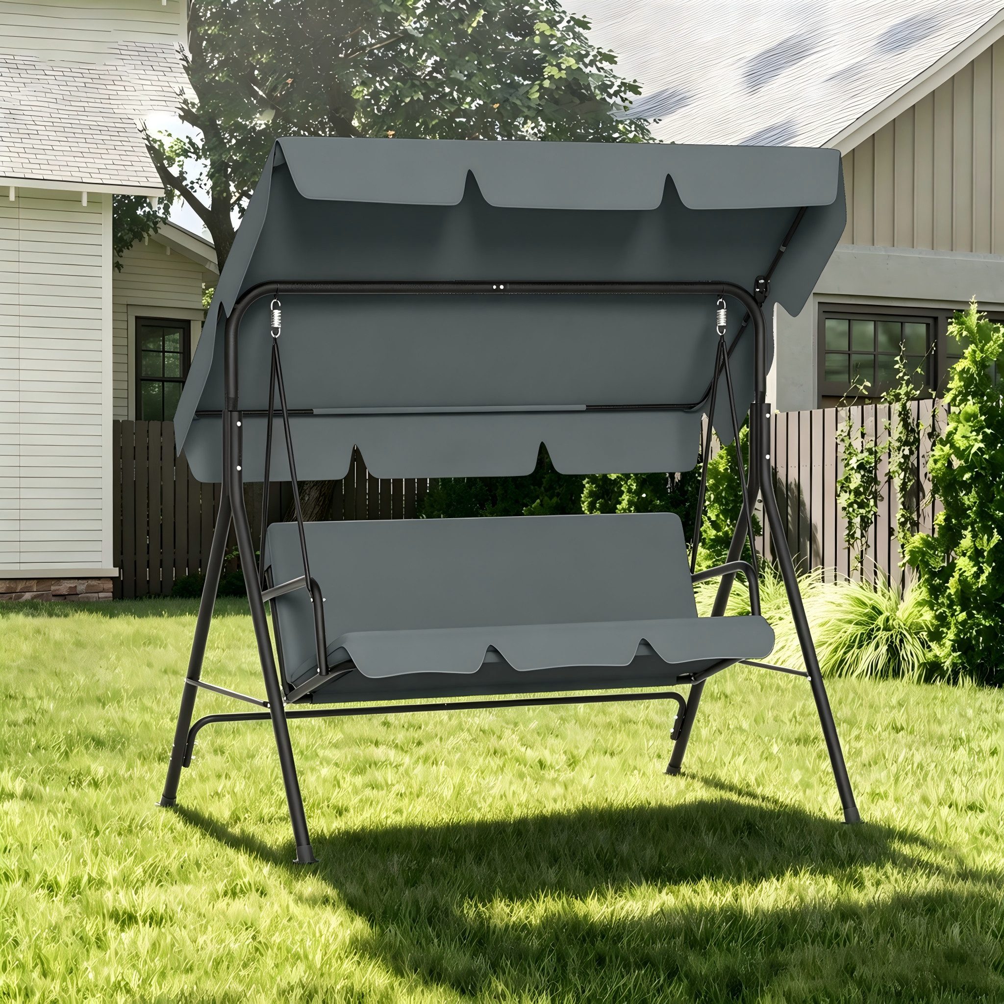 FIVMEN Hollywoodschaukel Gartenschaukel 3-Sitzer mit Verstellbarem Sonnendach weichem Kissen, 176x110x152cm, Metall Hängeschaukel mit Verstellbarem Sonnendach Liegefunktion