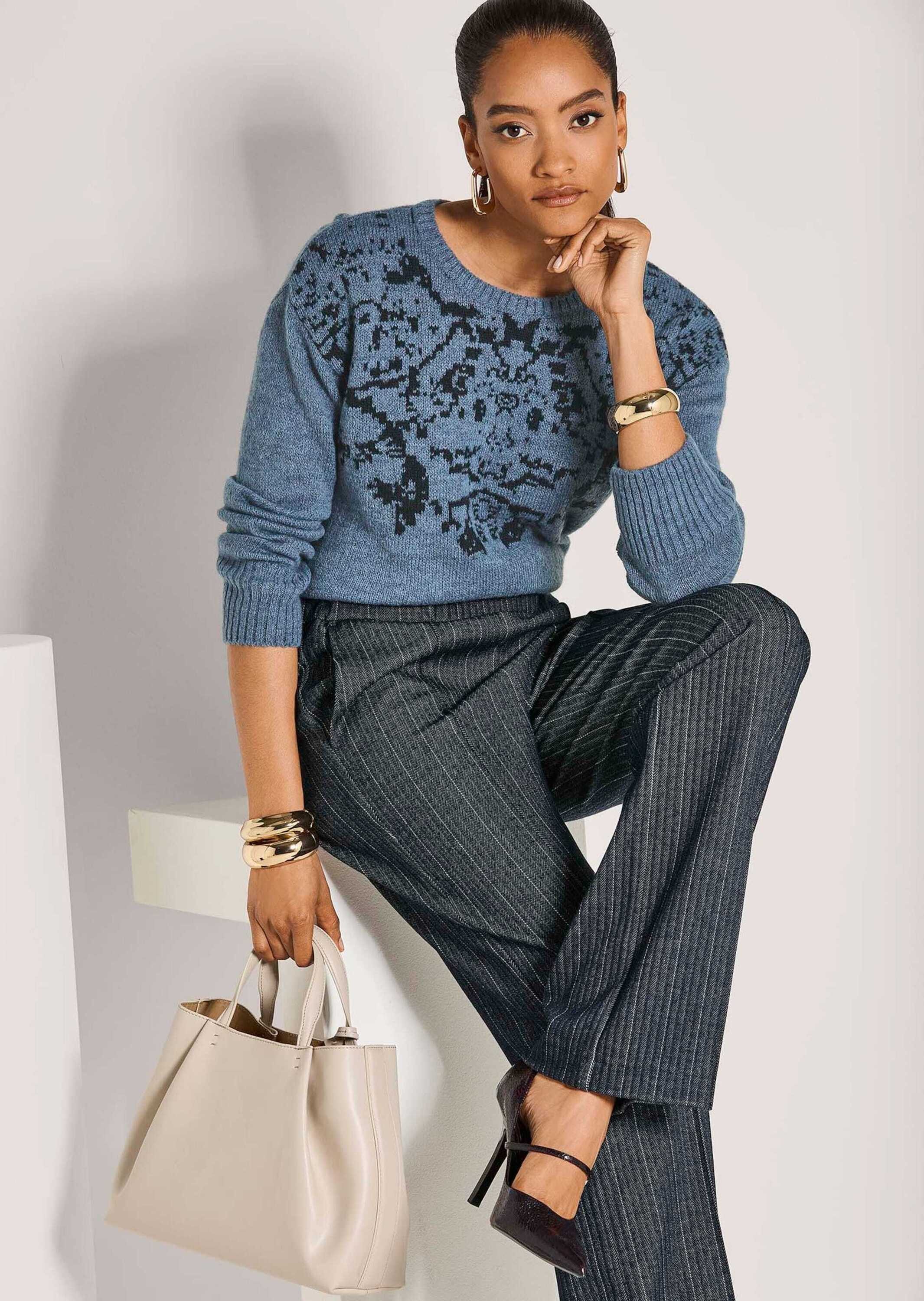 MADELEINE Strickpullover Eleganter Jacquard-Pullover mit Rundhals Winterpullover mit formstabilem Rippstrick und langen Ärmeln