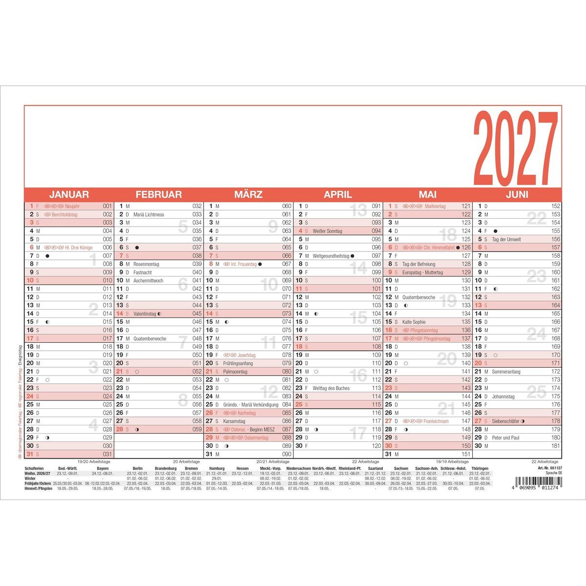 ZETTLER Terminplaner Arbeitstagekalender 907 A4 29,7x21cm 2027