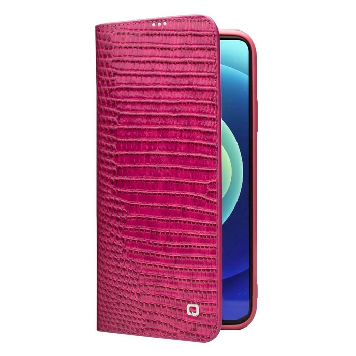 Wigento Handyhülle Bookcover Tasche für Apple iPhone 12 Pro Rose Rot Krokodil Kunstleder Flip Case Hülle Cover Etui